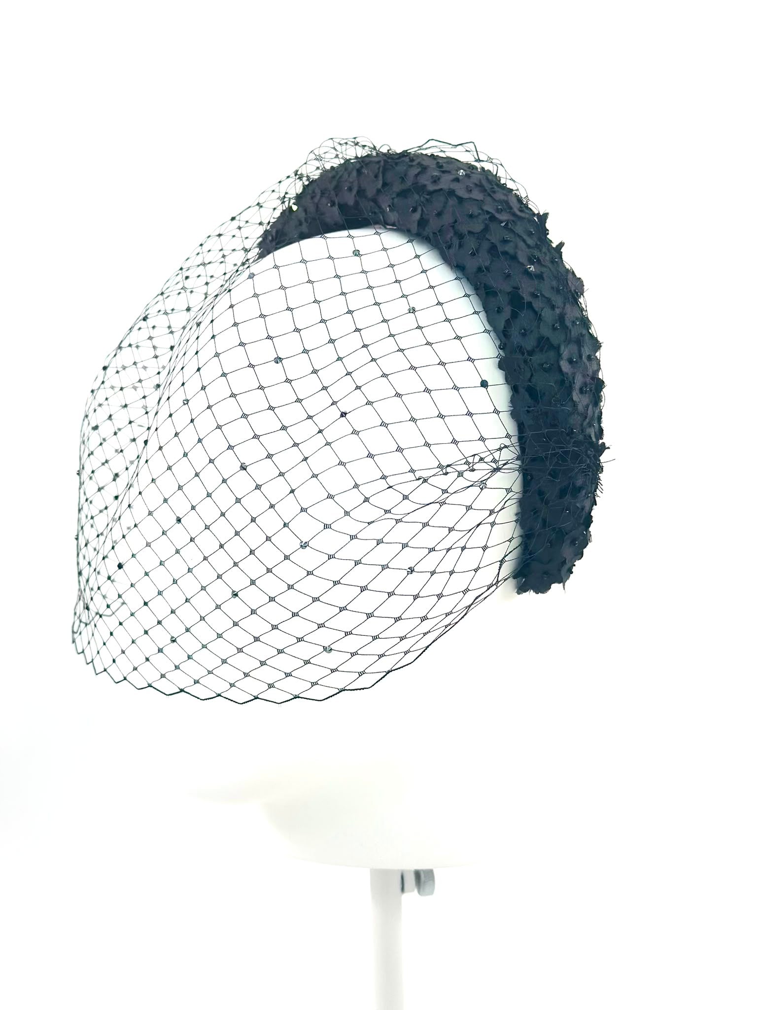 Black beaded headband with a birdcage veil, hand-made in London by Maria Monica London