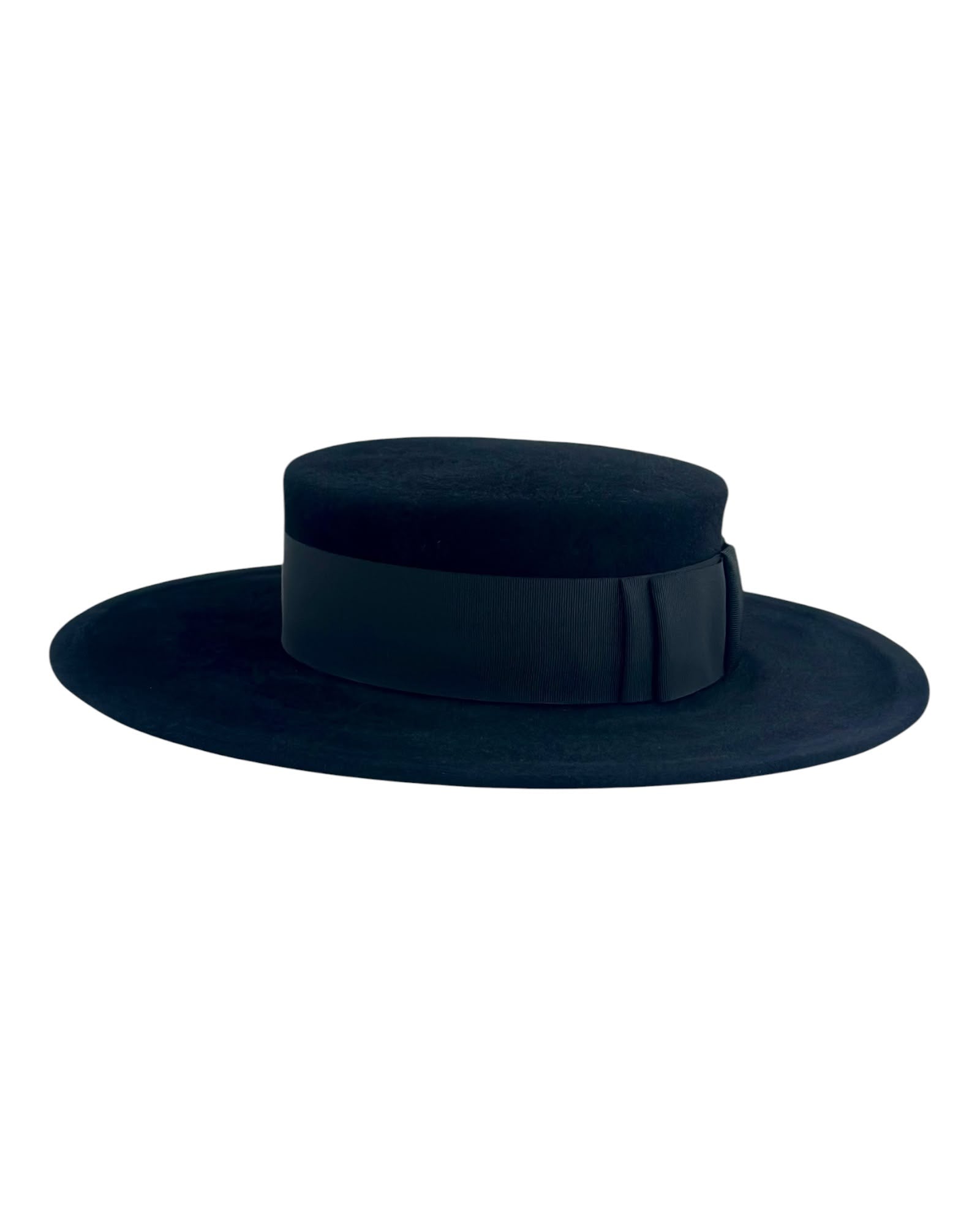 Black velvet felt boater hat with a tonal grosgrain ribbon band, handmade in London by couture milliner Maria Monica London