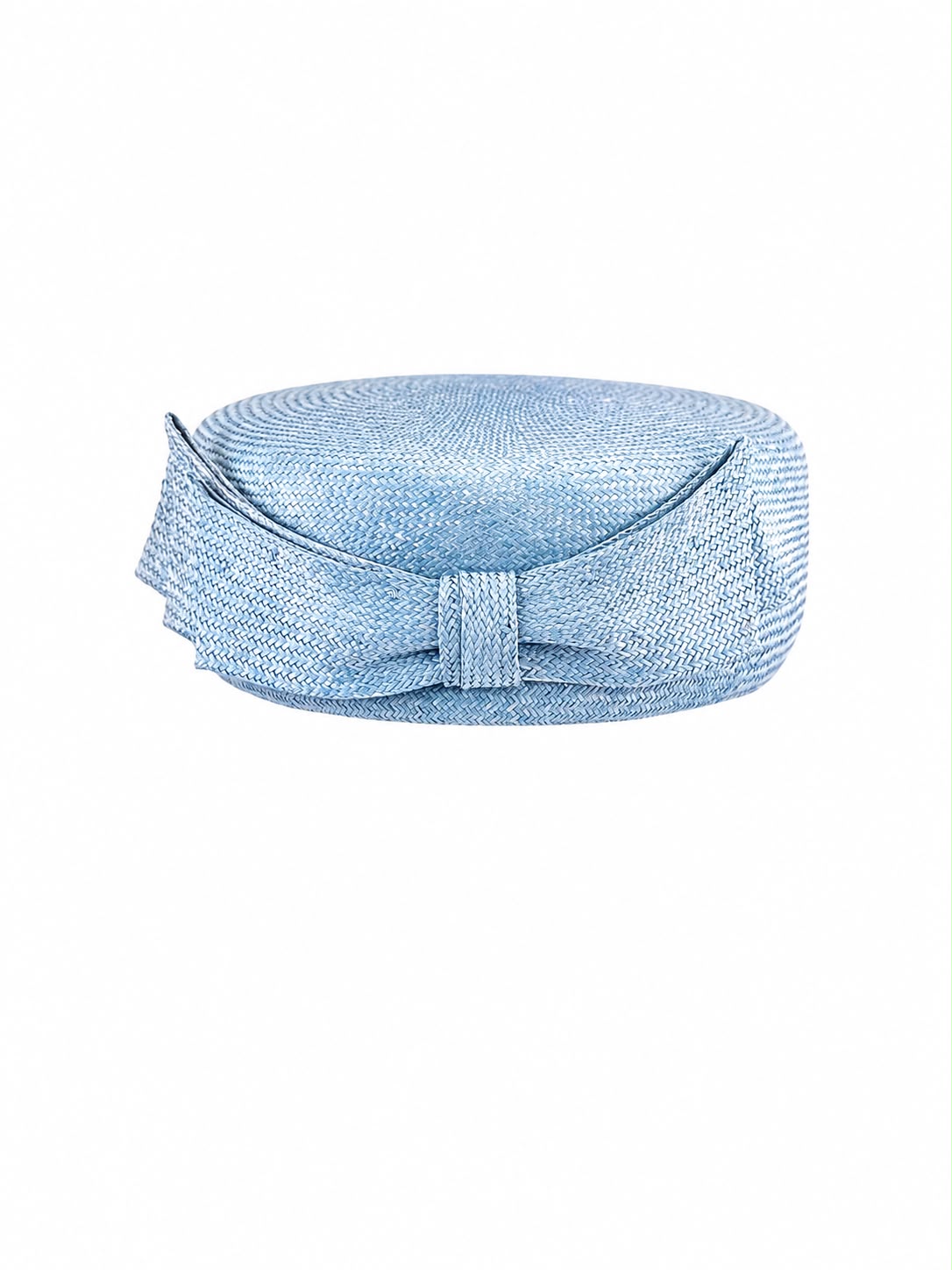 Ice blue woven straw pillbox hat with a straw bow at the front, Maria Monica London