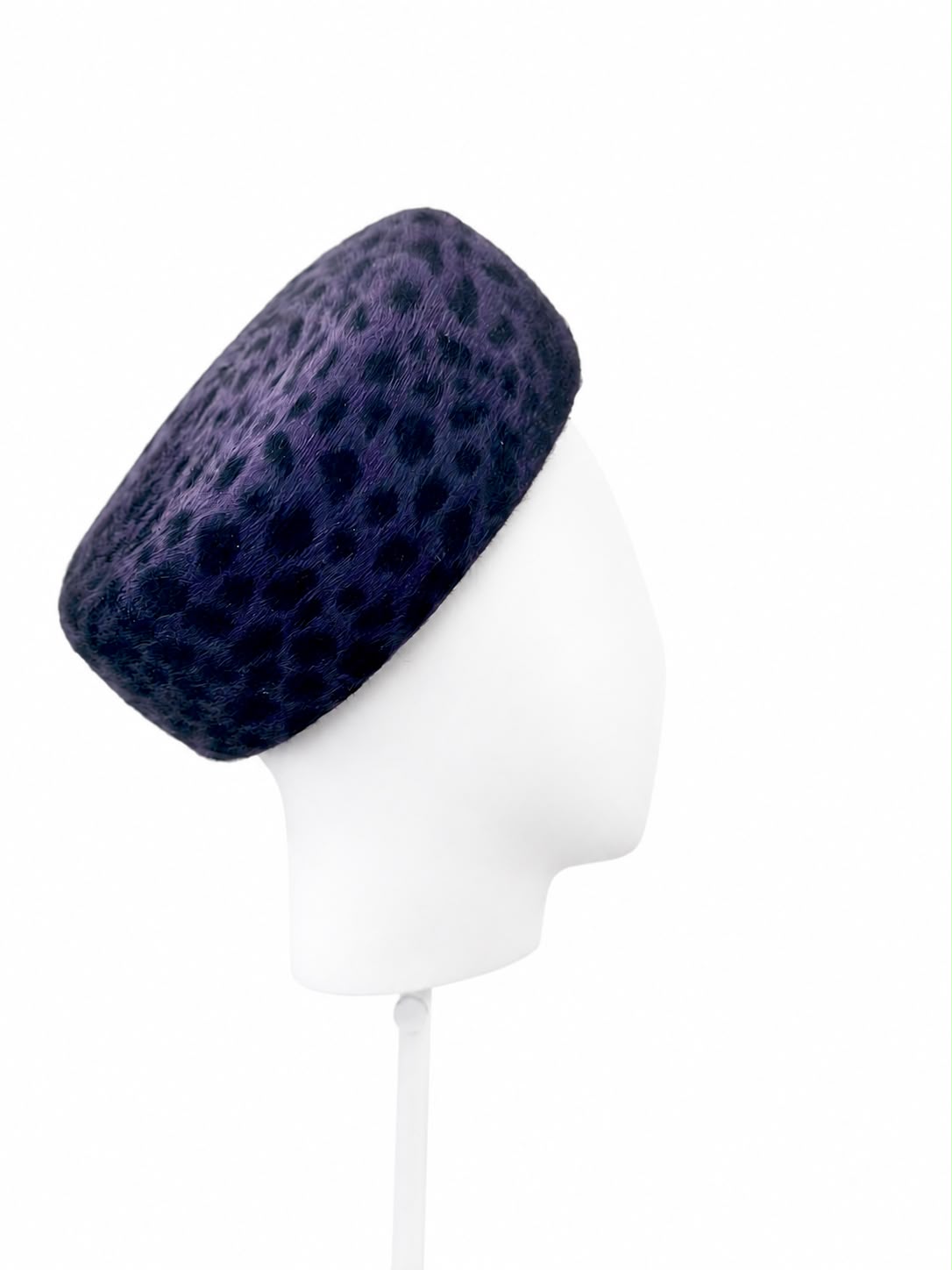 Midnight leopard felt pillbox hat worn angled, Maria Monica London