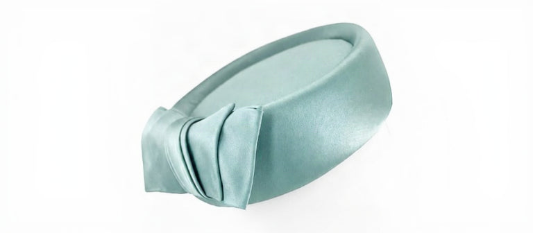 Celadon mist silk pillbox hat, bow detail, Maria Monica London