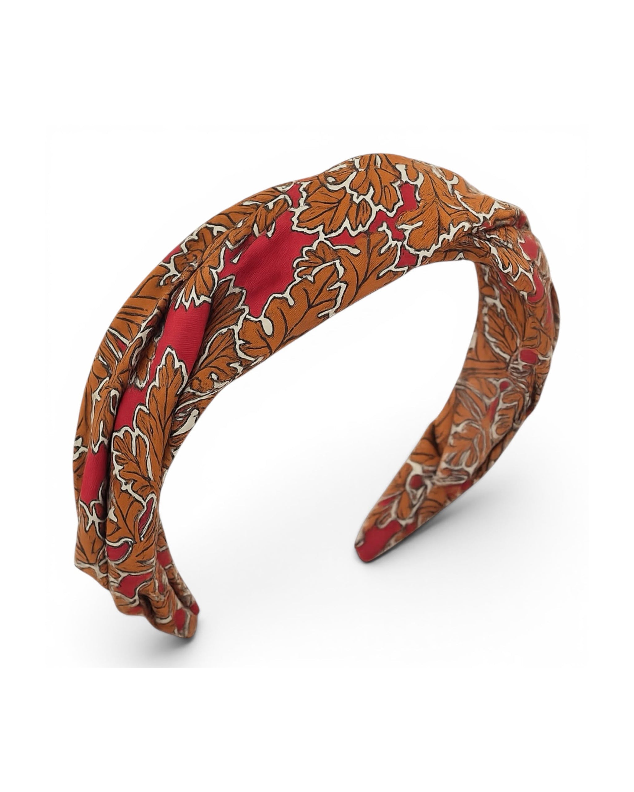 Draped silk headband in autumn oak print, hand wired and finished in the London atelier by couture milliner Maria Monica London