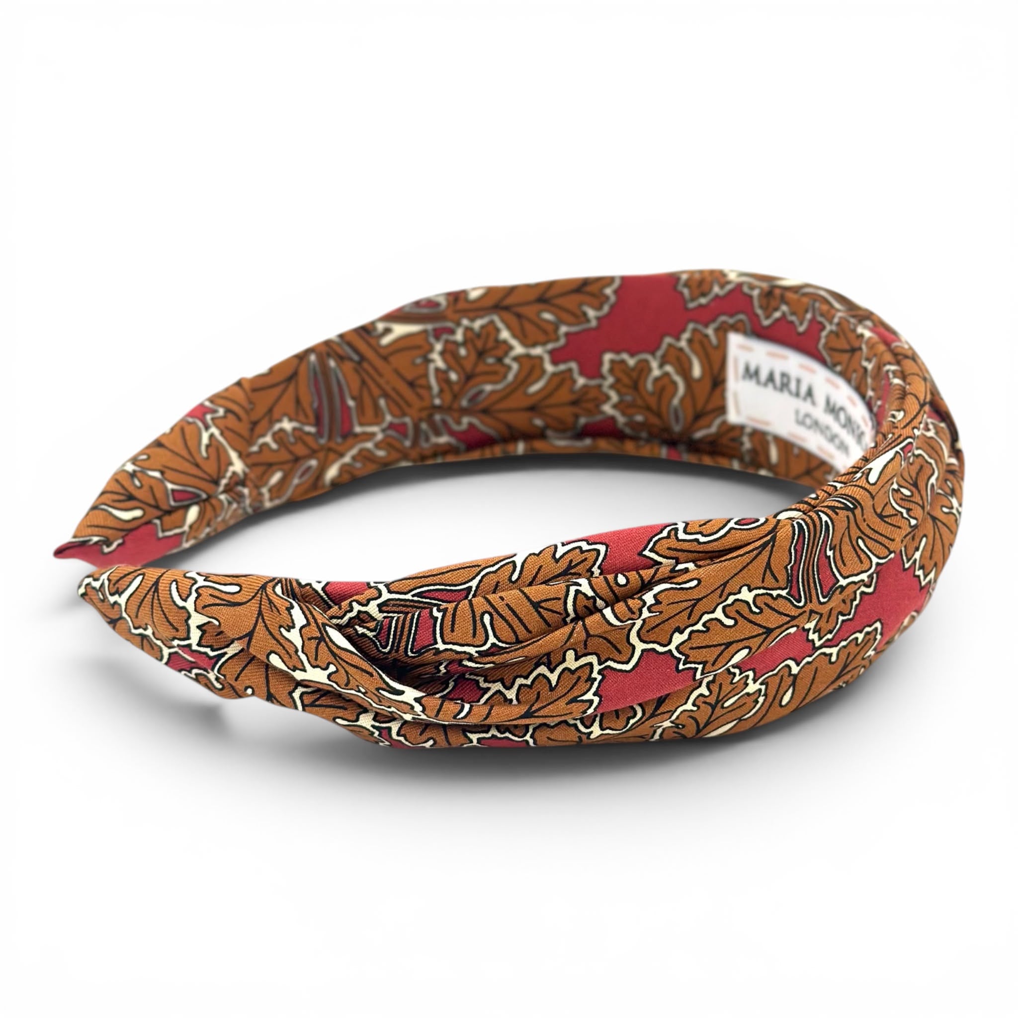 Autumn oak silk headband, side view, Maria Monica London