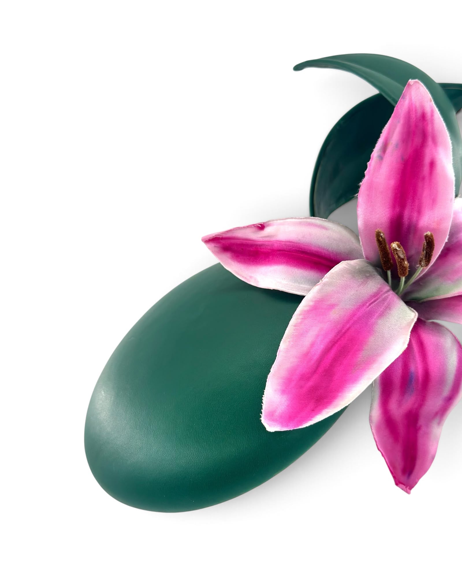 Deep green leather cocktail hat with a pink hand painted silk lily and leather leaves, Maria Monica London