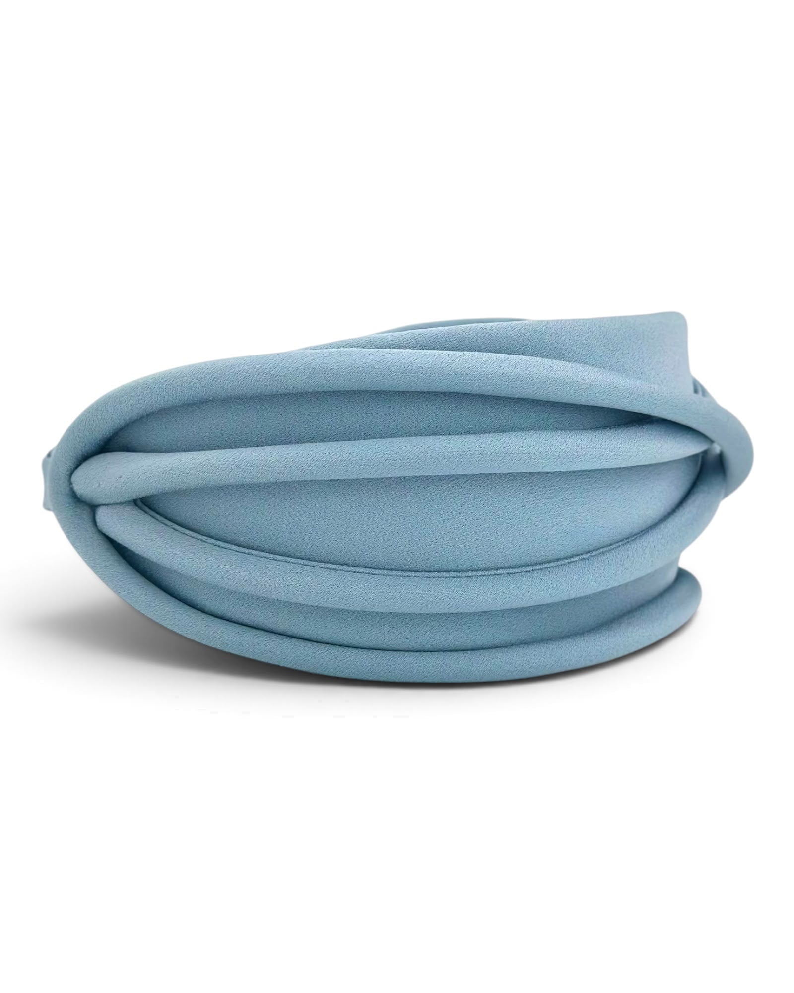 Overhead view of an ice blue satin headband with rolled piping along the band, Maria Monica London
