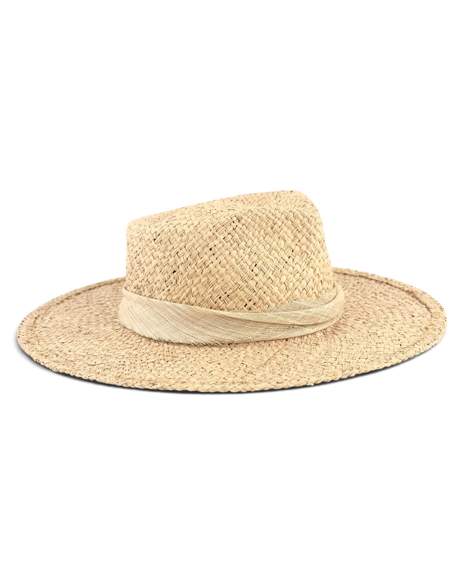 Natural sand raffia straw fedora with a centre dent crown and a frayed pale pinokpok band, front view, Maria Monica London