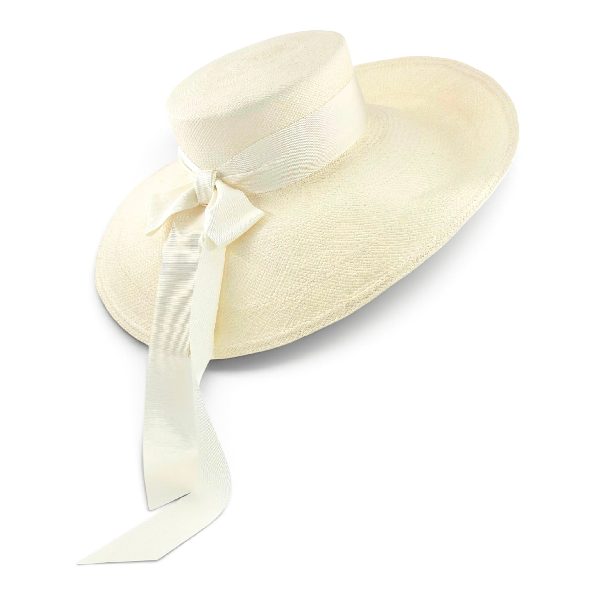 Panama Grande canotier crown with tonal grosgrain bow and trailing ties, Maria Monica London
