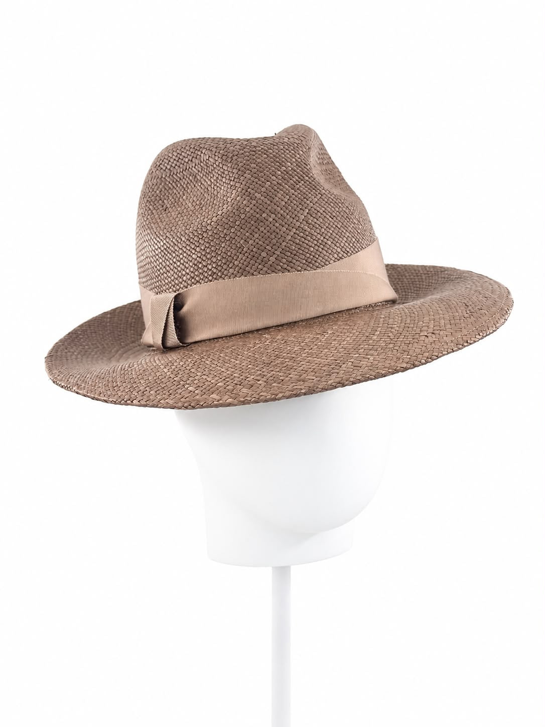 Soft cappuccino Panama trilby shown on the block, Maria Monica London