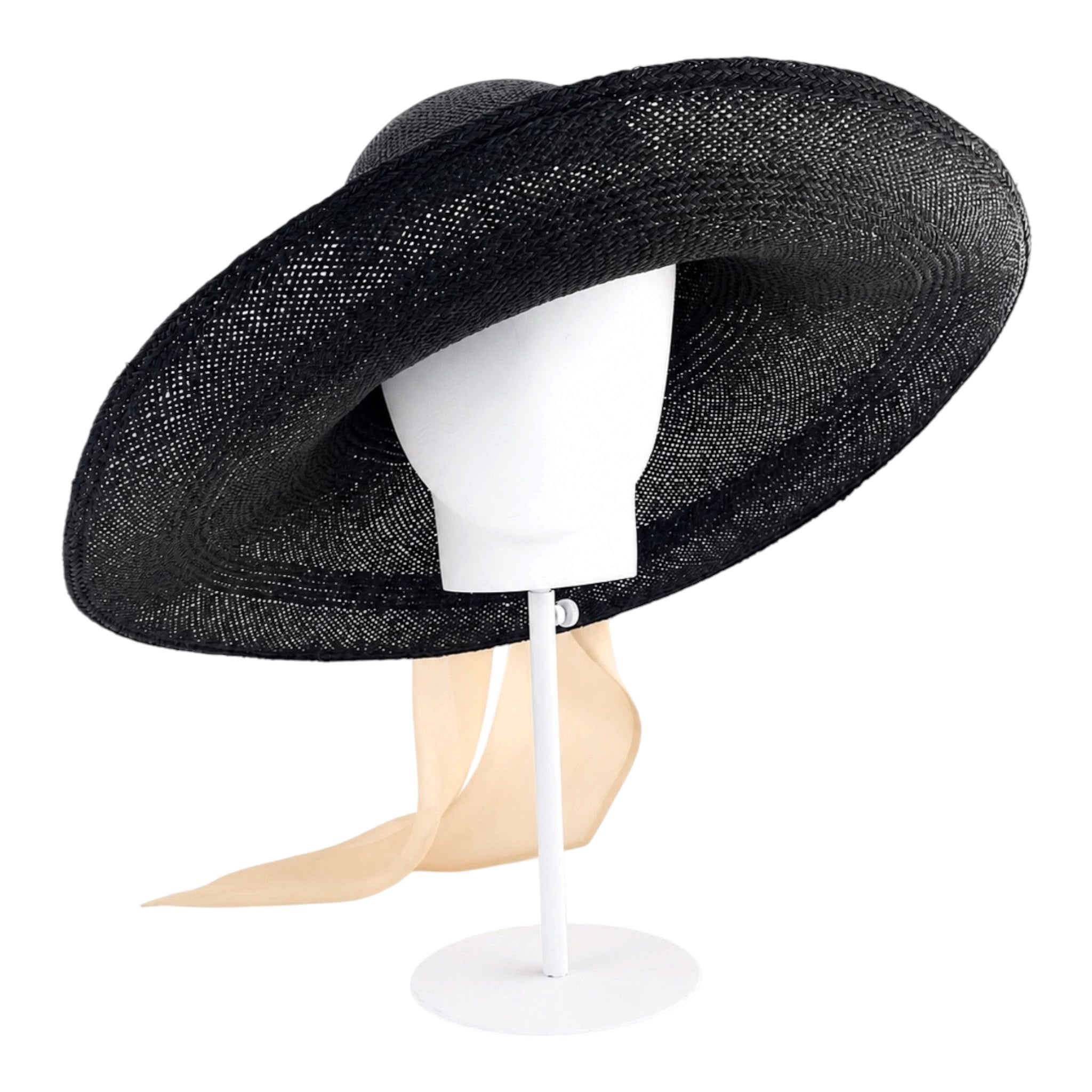 Black Panama wide brim hat showing the gently raised front brim, Maria Monica London