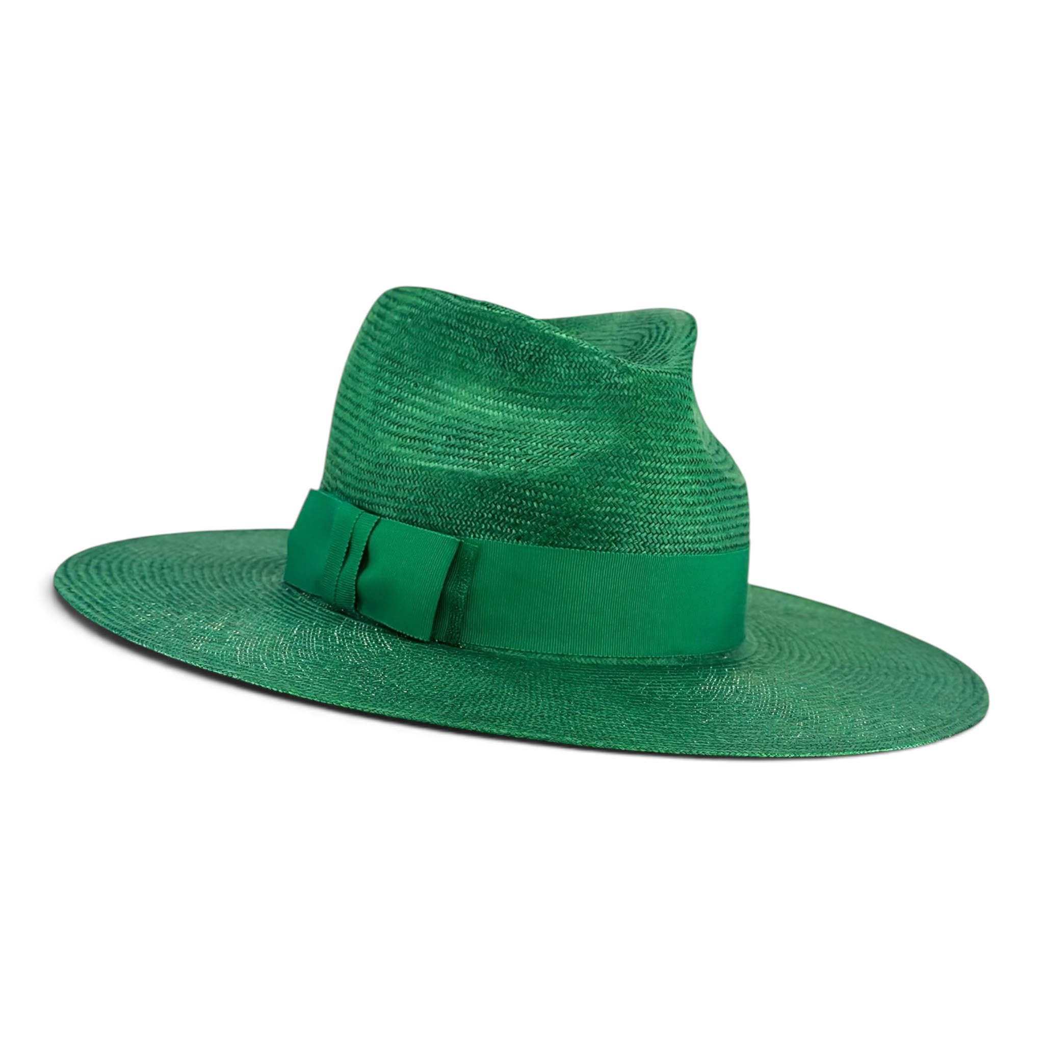 Emerald green parasisal straw fedora with tonal grosgrain bow, Maria Monica London