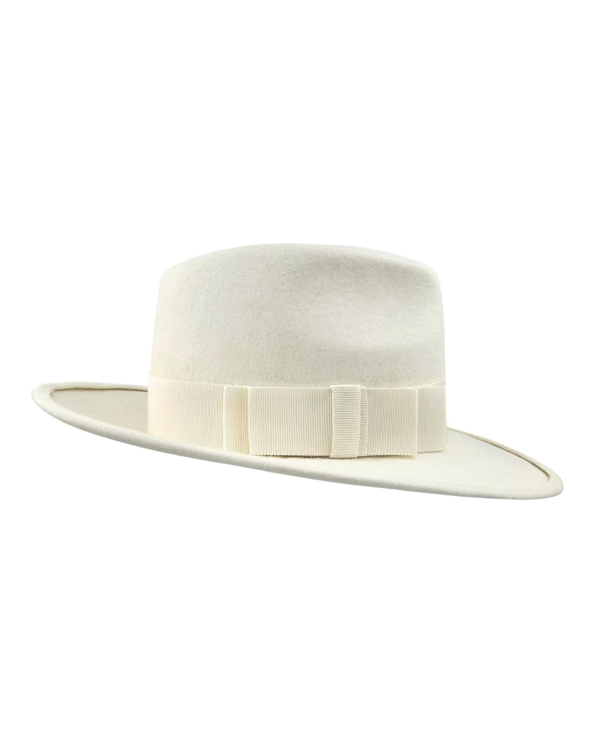 Porcelain cream felt fedora with a tonal grosgrain ribbon and bound brim, side view, Maria Monica London