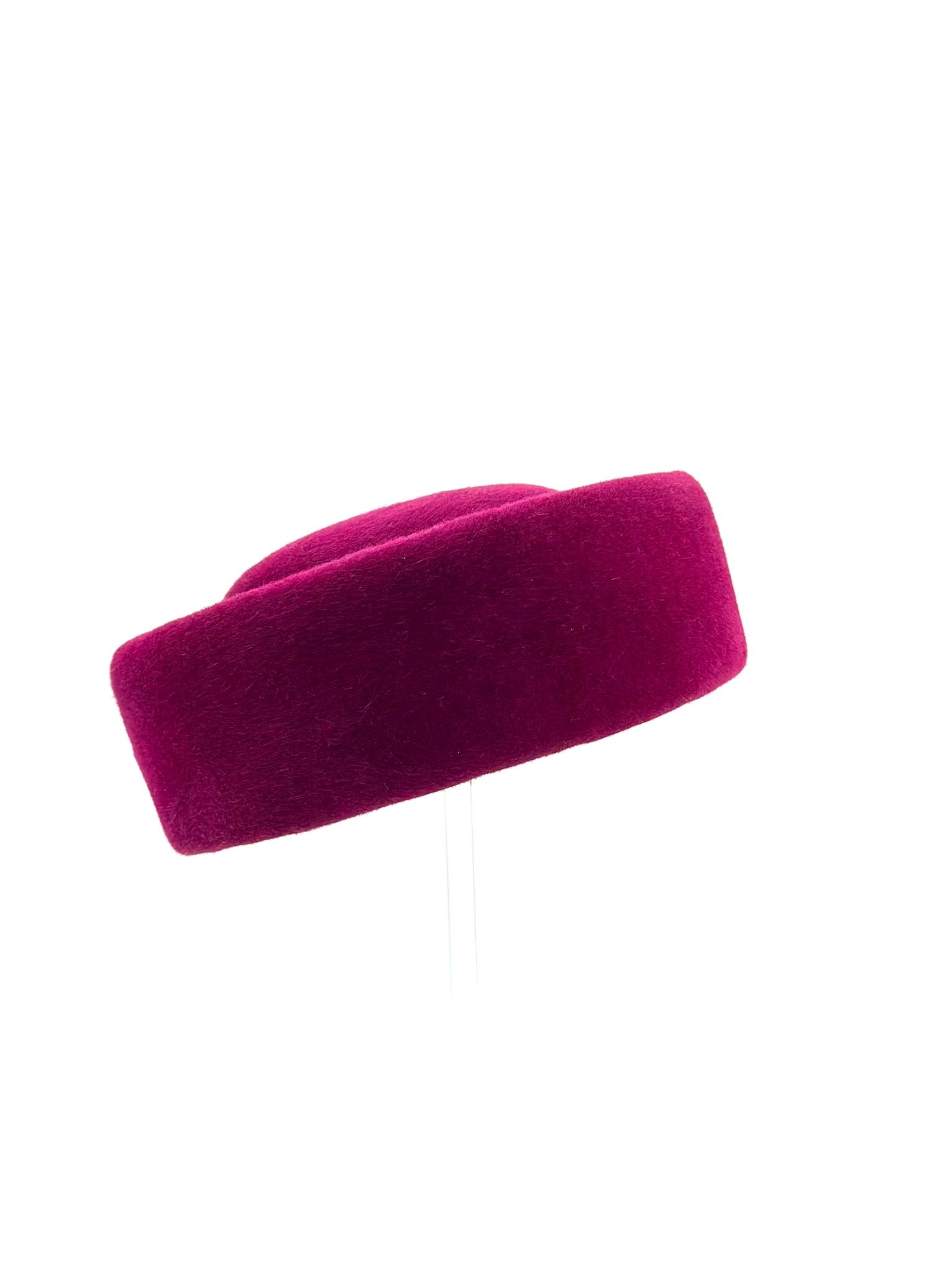 Rich berry felt pillbox hat, angle view, Maria Monica London