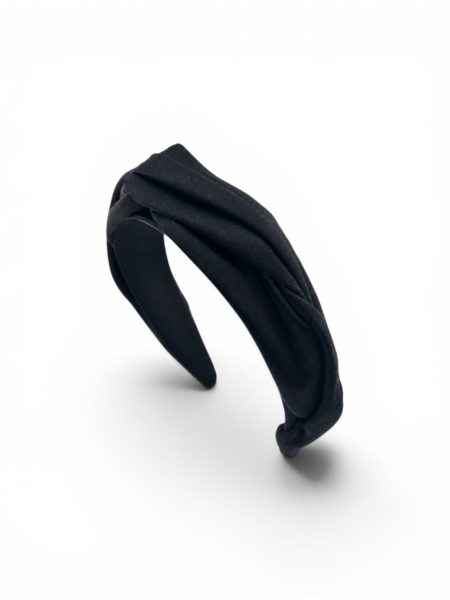 Sculptural black satin headband with hand-draped folds, Maria Monica London