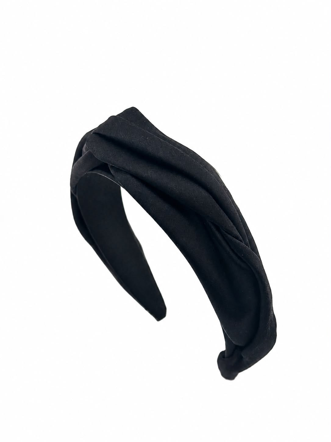 Black satin headband, architectural draped folds, Maria Monica London