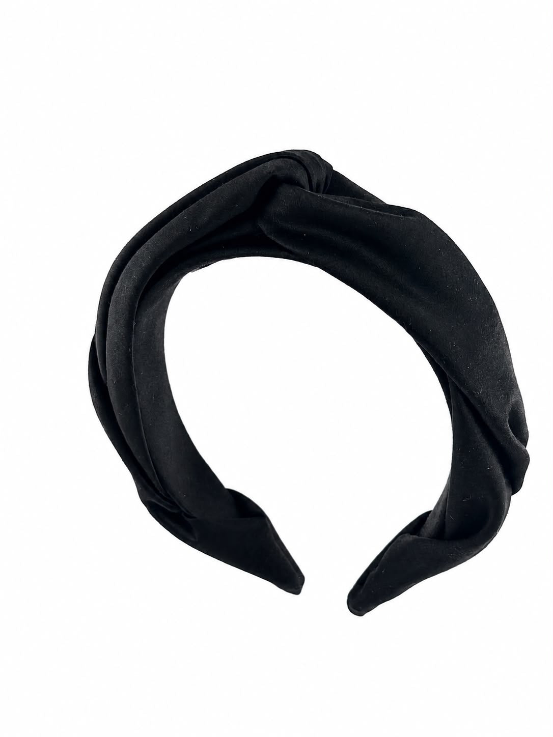 Black satin headband, front view, Maria Monica London