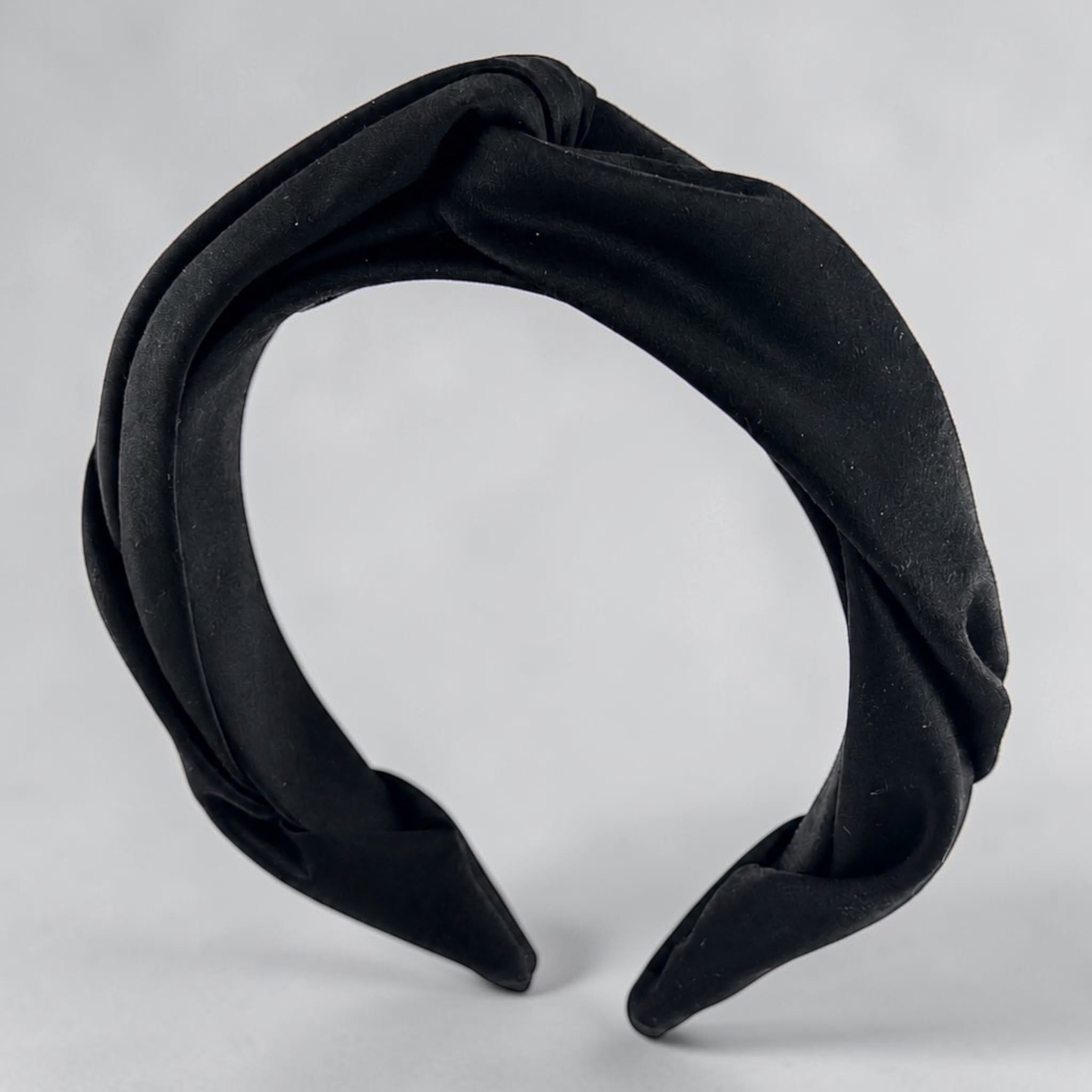 Black satin headband silhouette, hand-draped in London, Maria Monica London