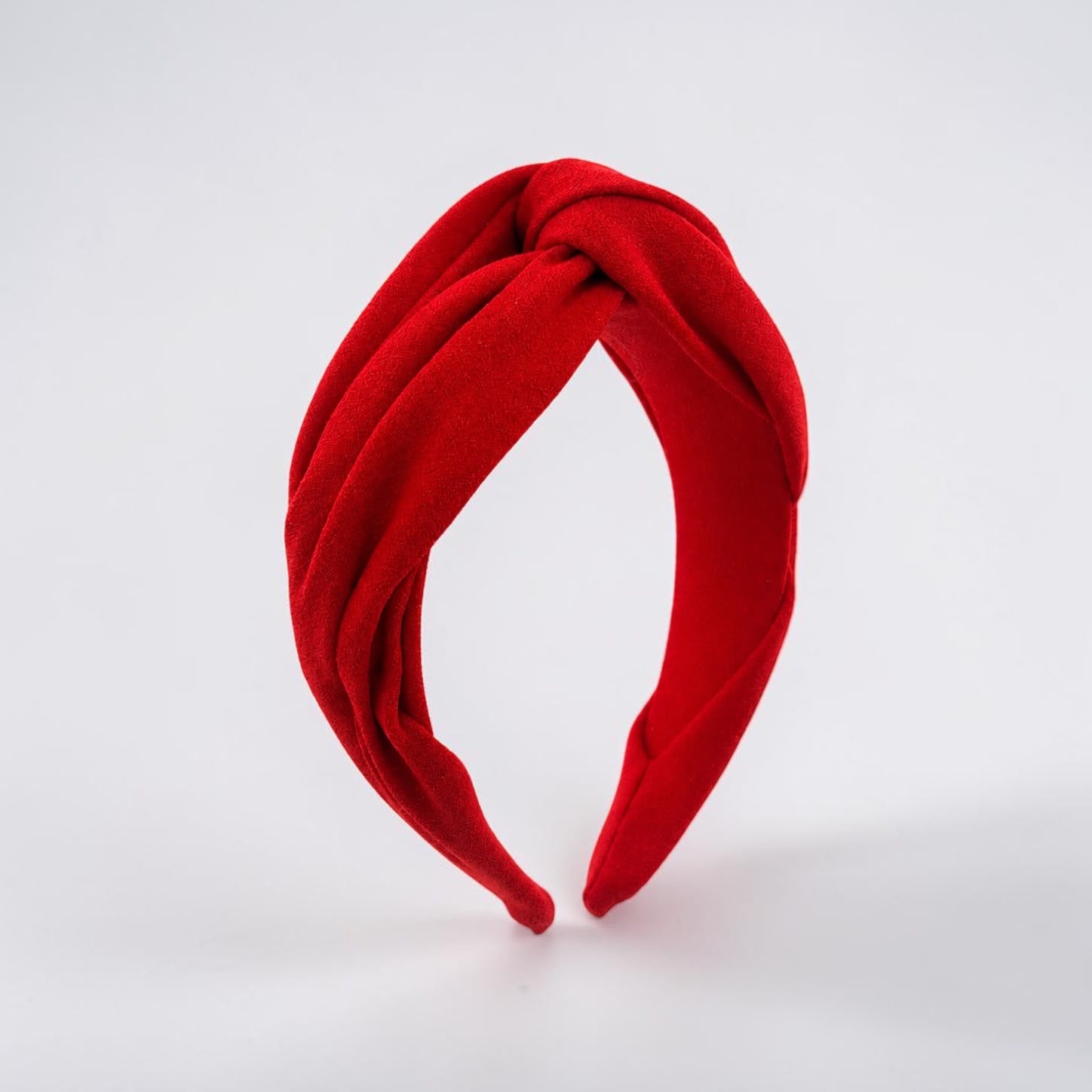 Scarlet red wool crepe headband, front view, Maria Monica London