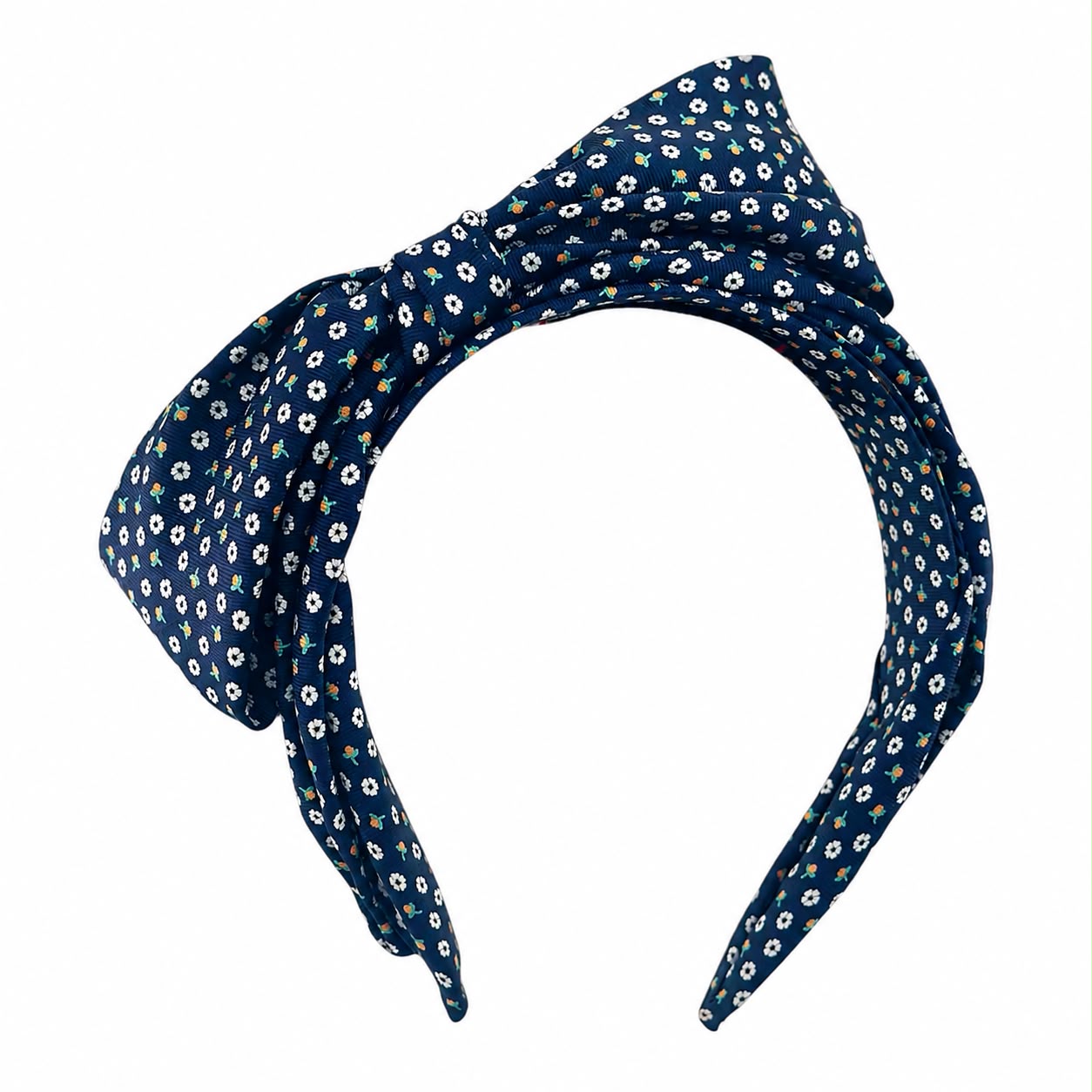 Midnight blossom silk bow headband in navy floral silk, Maria Monica London