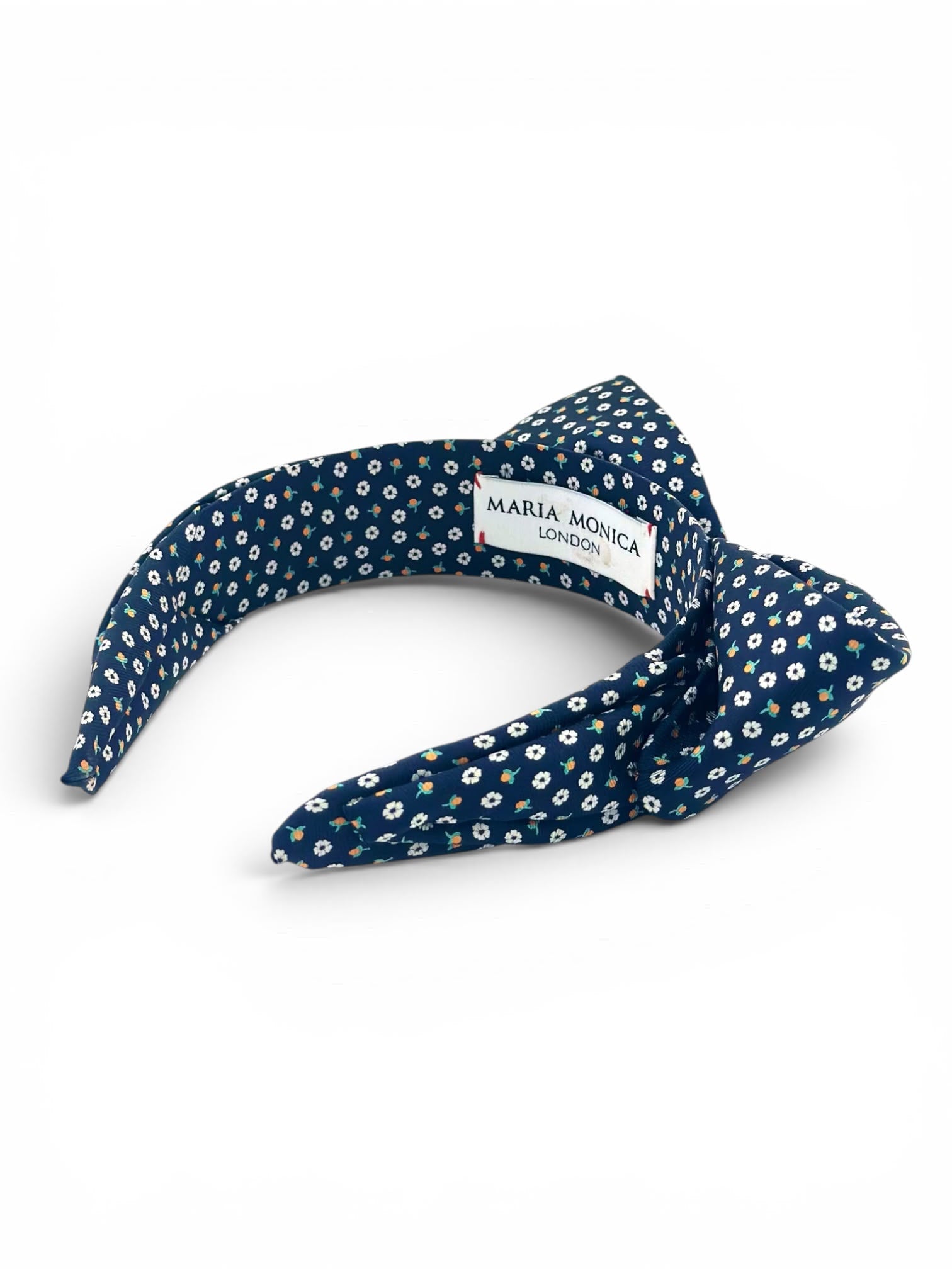Midnight blossom silk bow headband, silk and bow detail, Maria Monica London
