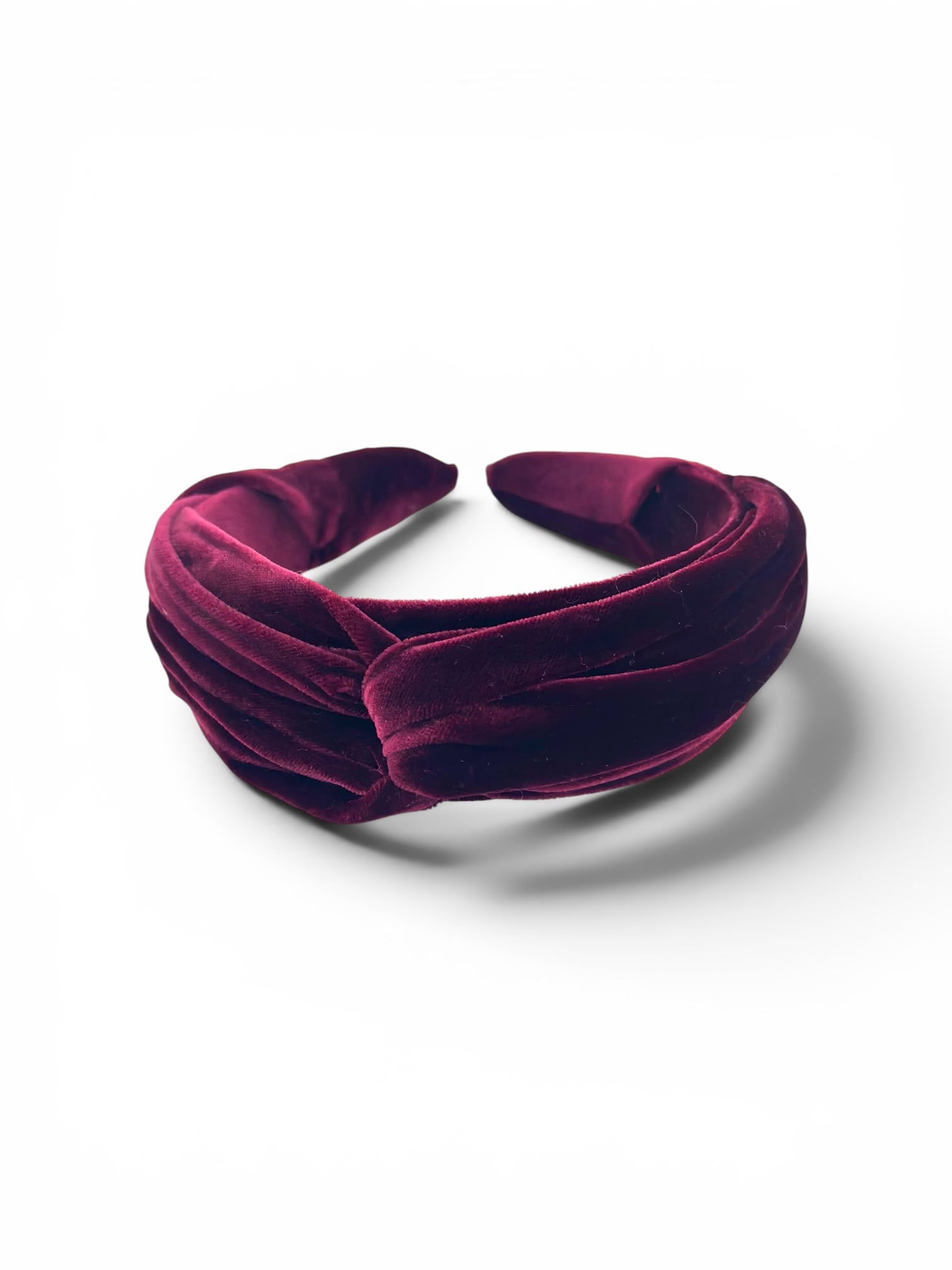 Deep burgundy silk velvet headband, front view, Maria Monica London