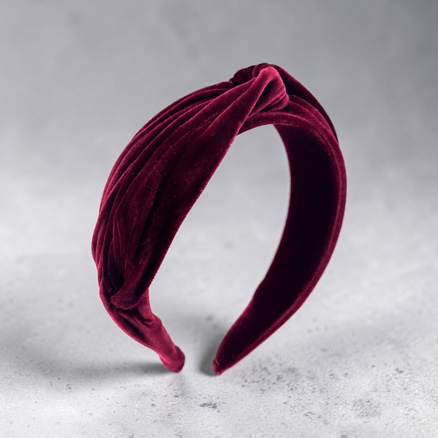 Silk velvet headband in deep burgundy with hand-draped folds, Maria Monica London