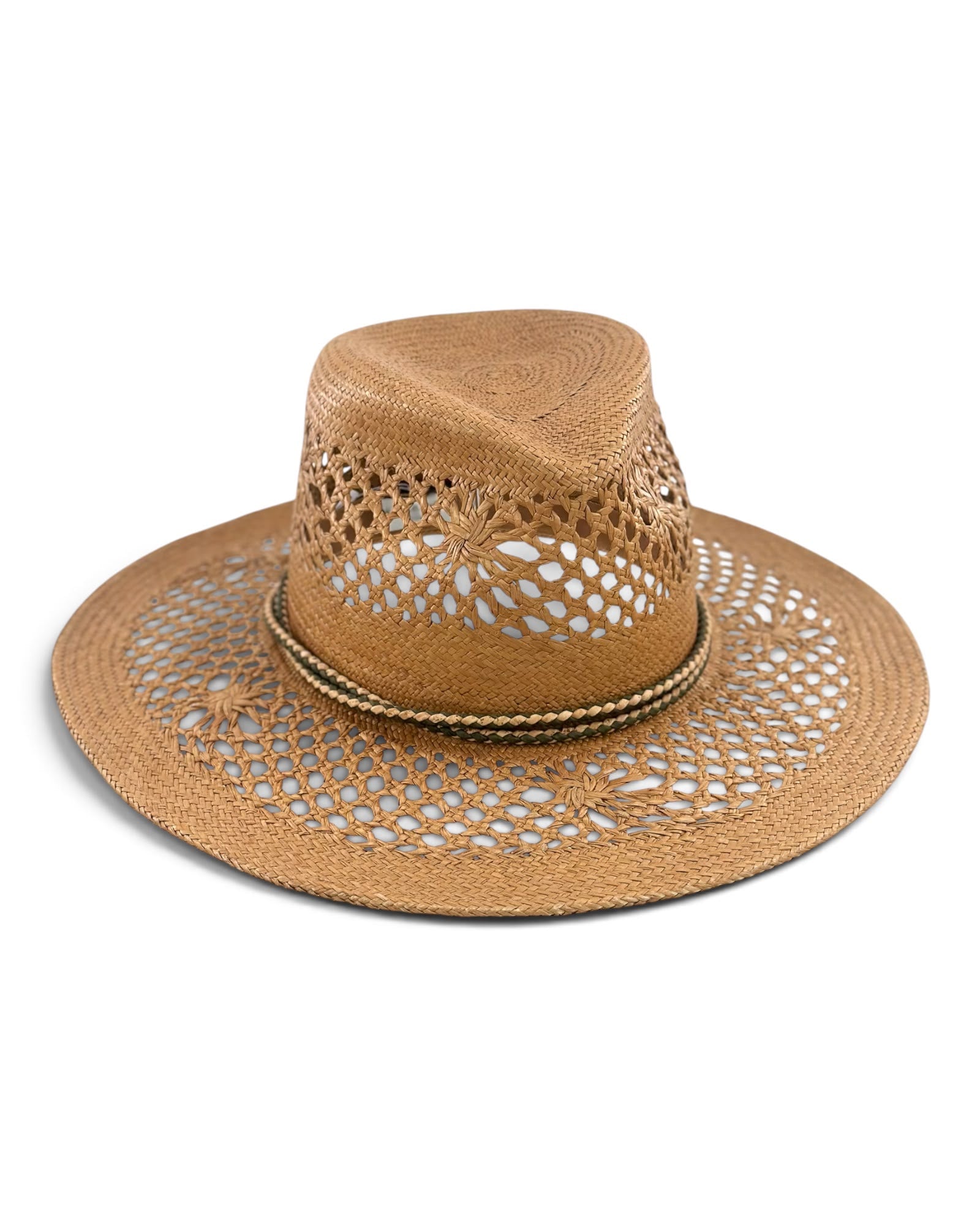 Toffee Panama straw fedora shown from the front, wide brim and pinched crown with openwork weave, Maria Monica London