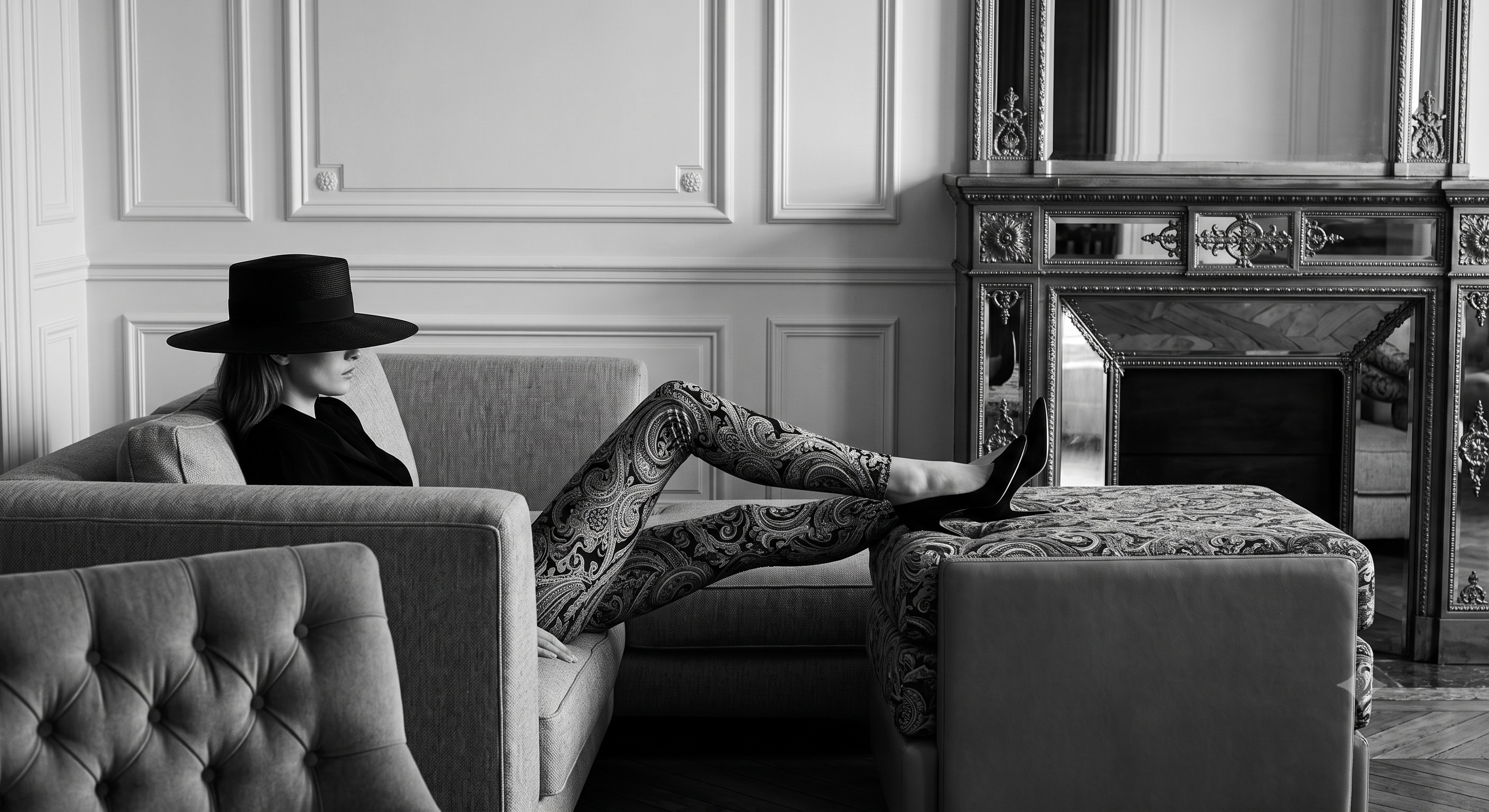 Model in a wide-brim black hat in a Paris salon, Maria Monica London