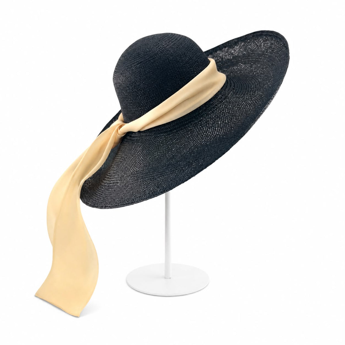 Black Panama wide brim hat with a sand silk organza scarf, hand shaped in London by Maria Monica London