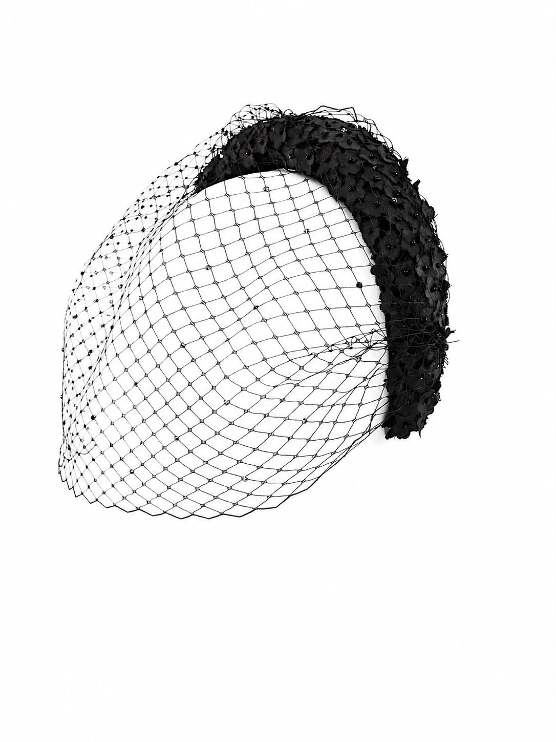 Black floral crystal birdcage veil headband, Maria Monica London