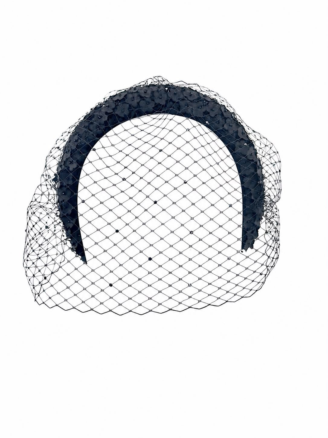 Black floral embroidered veil headband with Swarovski crystals, front view, Maria Monica London