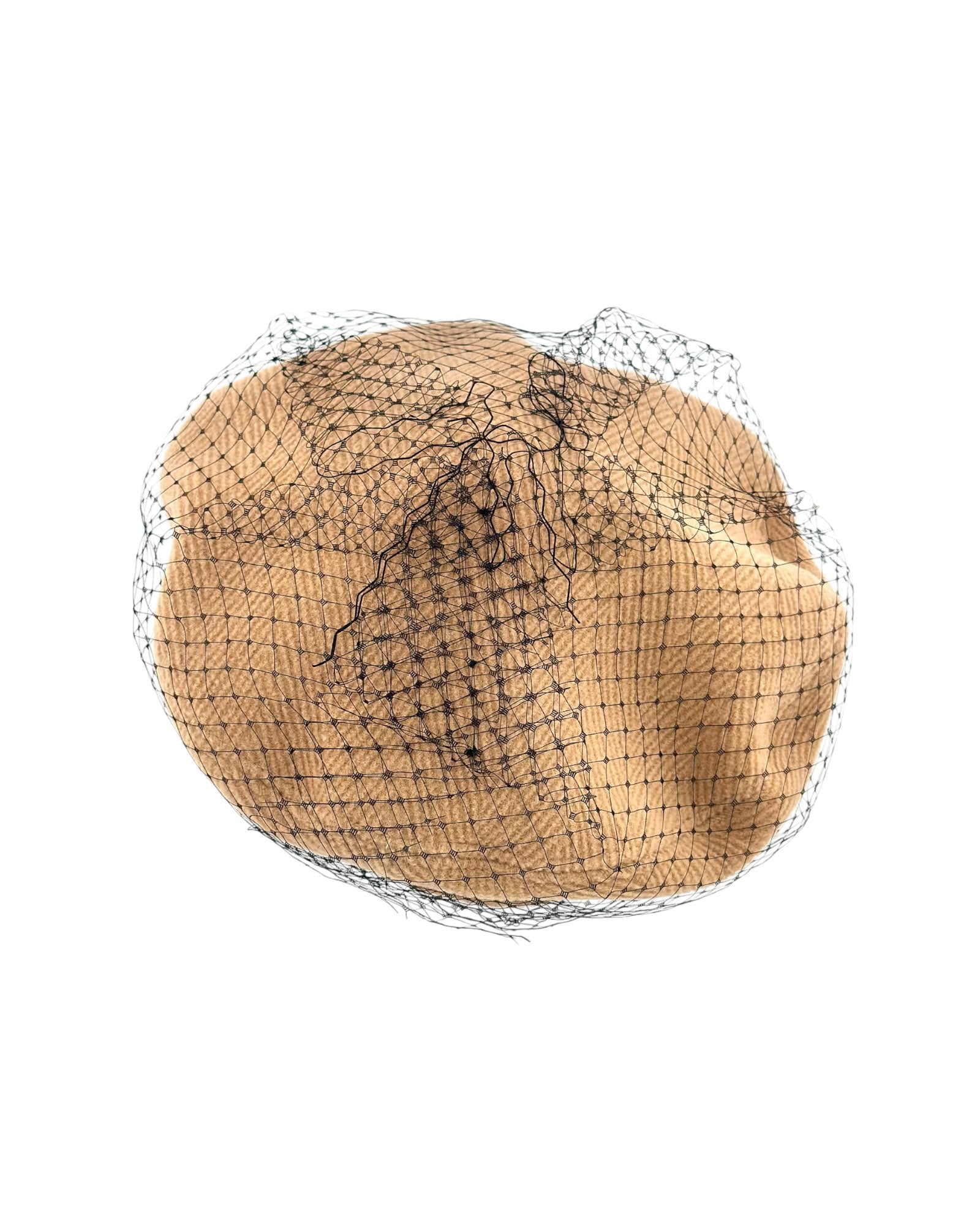 Caramel wool beret seen from above under black birdcage veiling, Maria Monica London