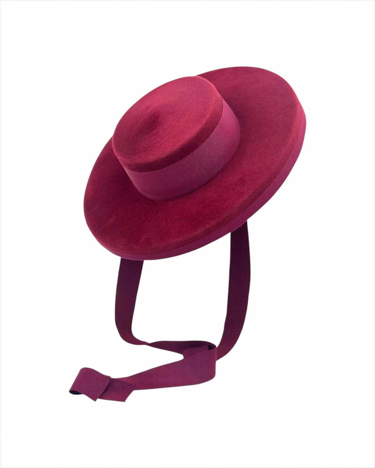 Claret felt boater with a wide descending brim and tonal grosgrain binding, handmade in London