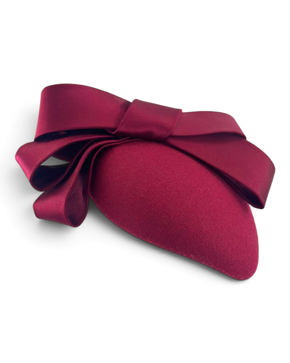 Claret cocktail hat seen from above, showing the hand-modelled tonal silk bow, Maria Monica London