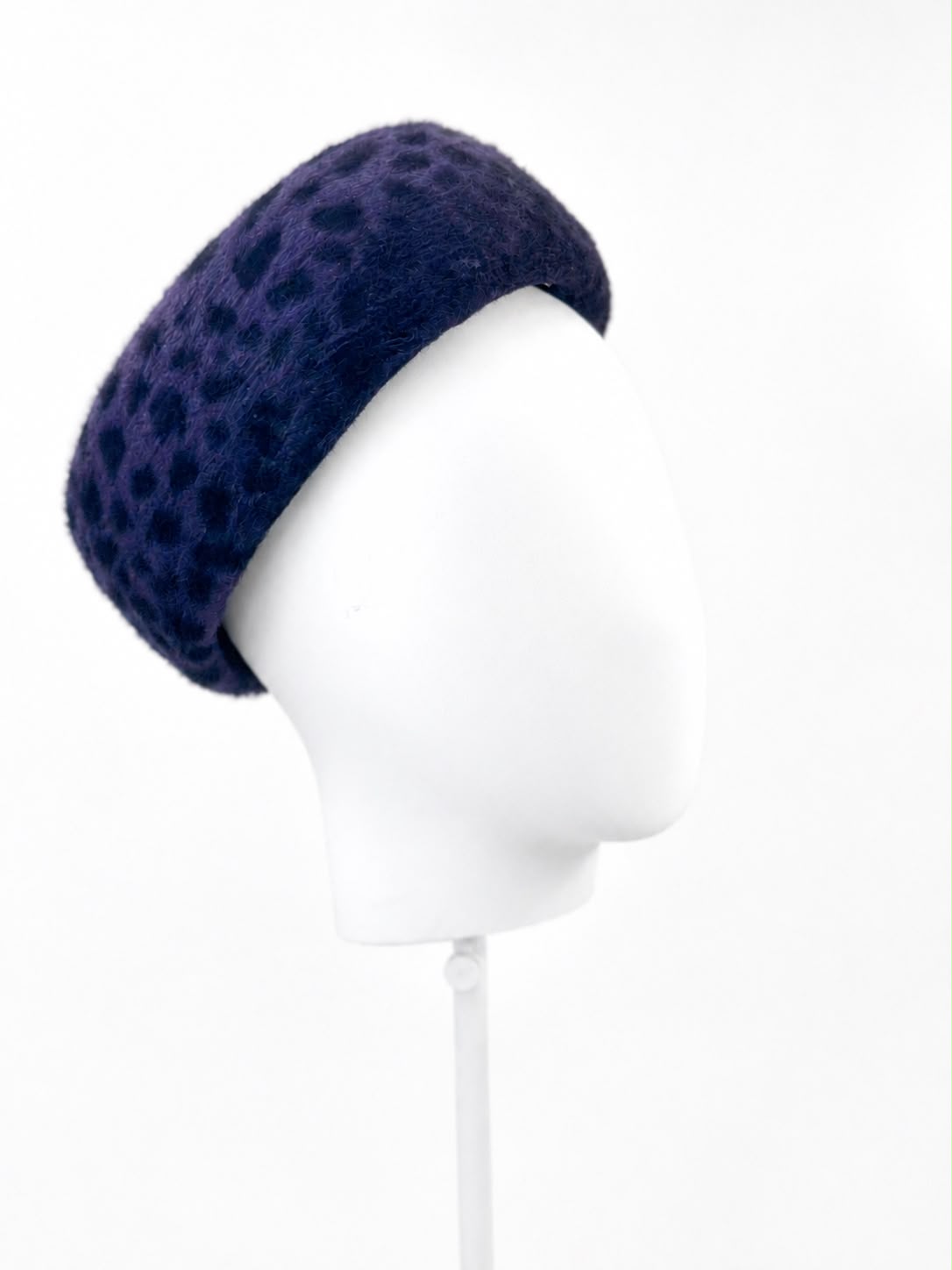 Midnight leopard pillbox hat, side view worn, Maria Monica London