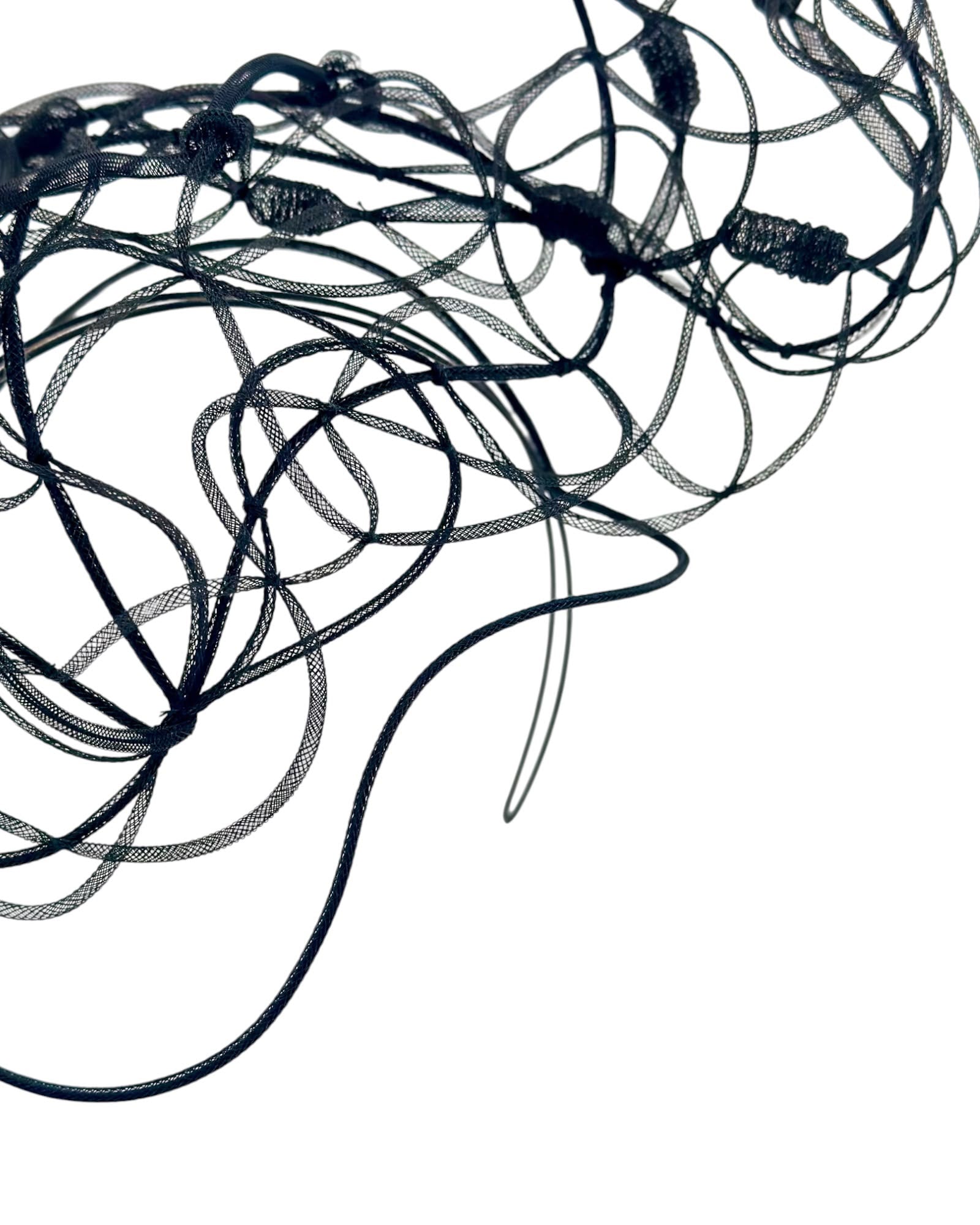 Close view of the fine black crinoline loops and hand bound joins on the sculptural headpiece, Maria Monica London