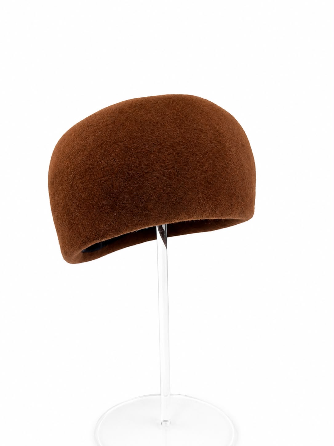 Tobacco deep pillbox hat, front view, Maria Monica London