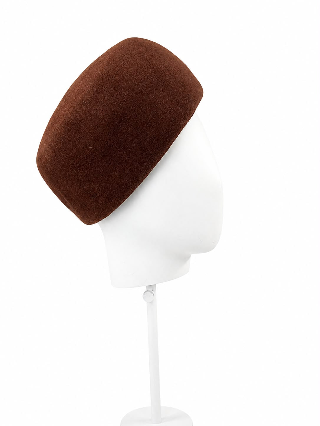 Tobacco deep pillbox hat, side view, Maria Monica London
