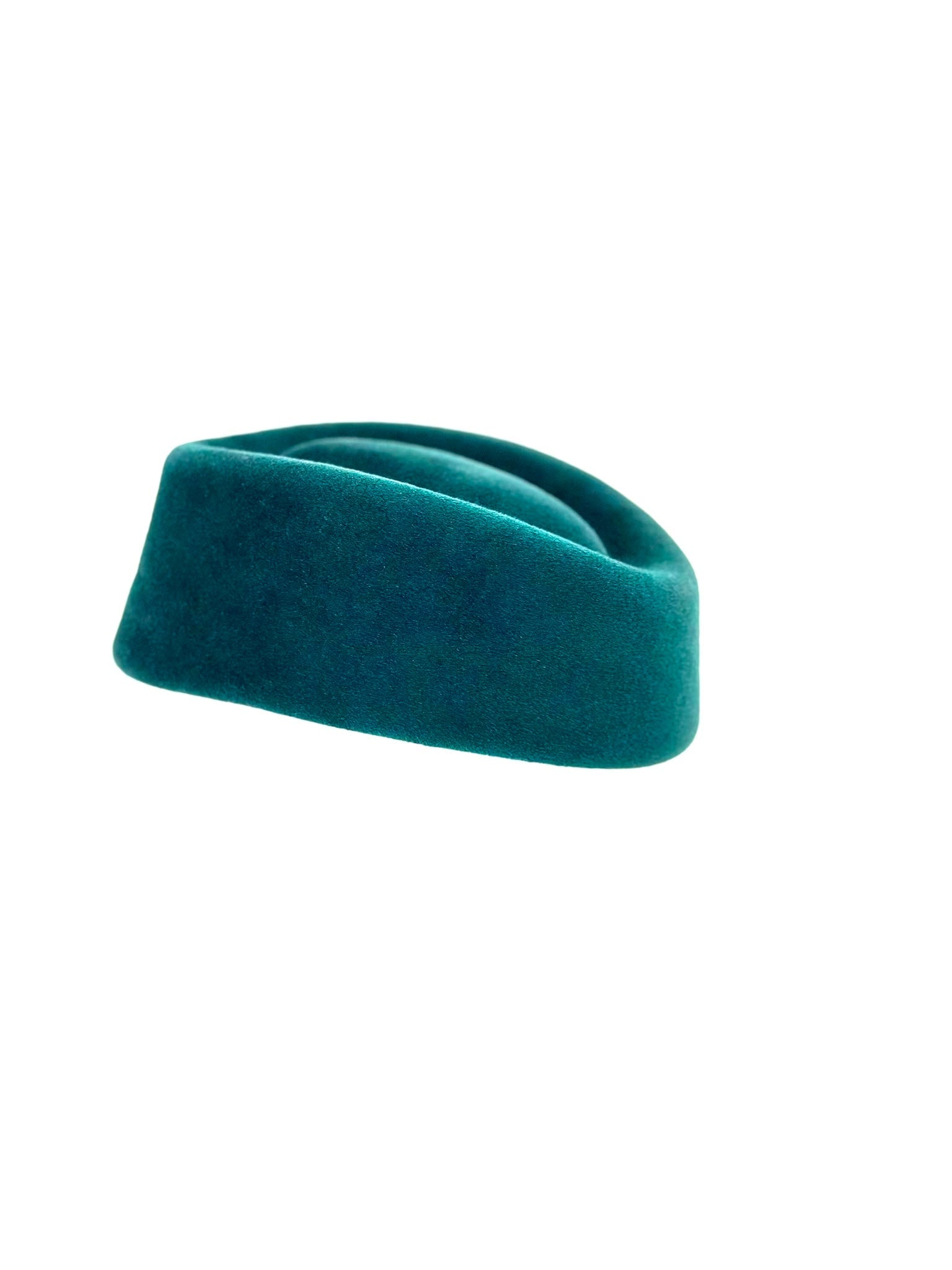 Deep teal felt pillbox hat, side view, couture milliner London