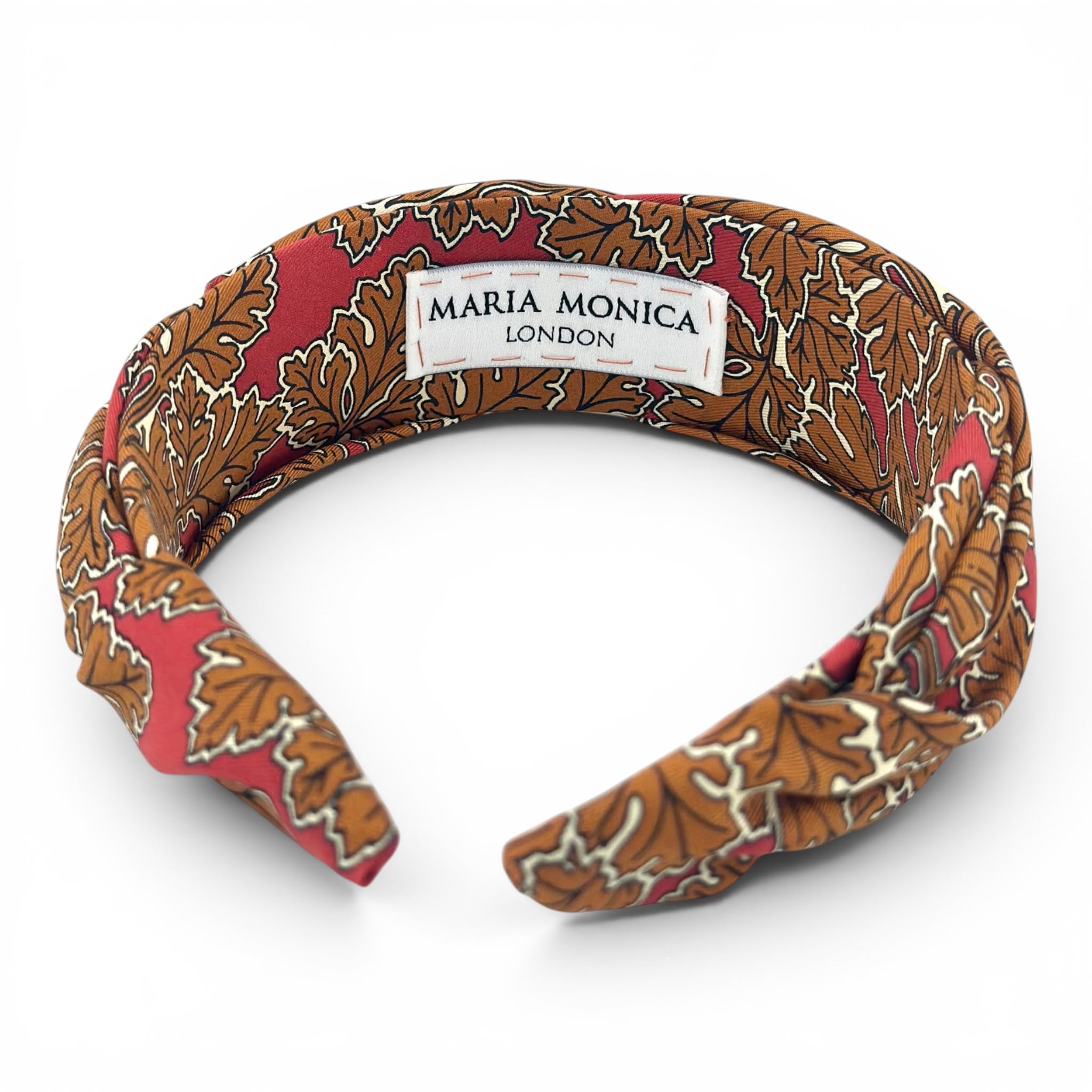 Autumn oak silk headband with the Maria Monica London atelier label