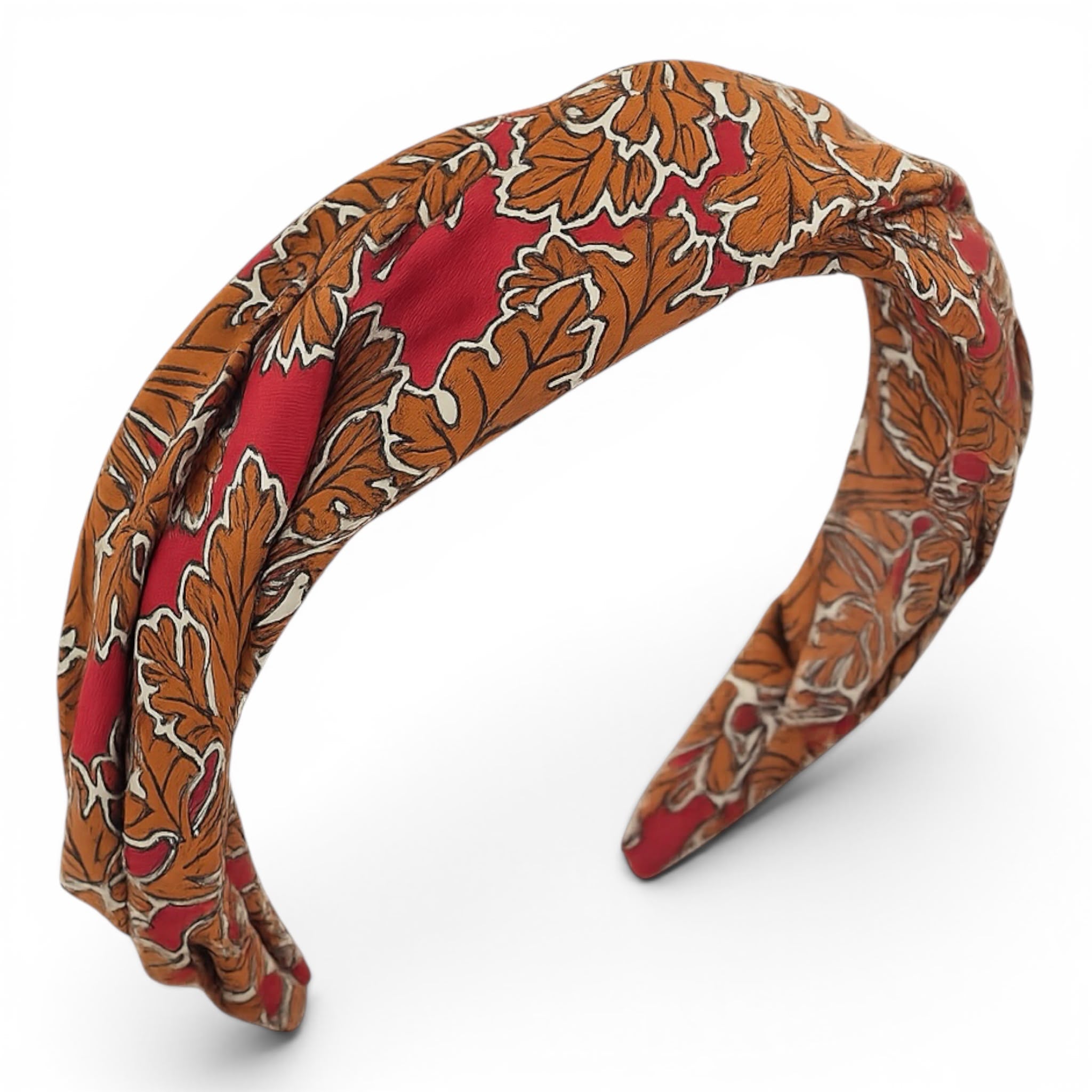 Autumn oak draped silk headband in amber and crimson oak leaf silk, Maria Monica London