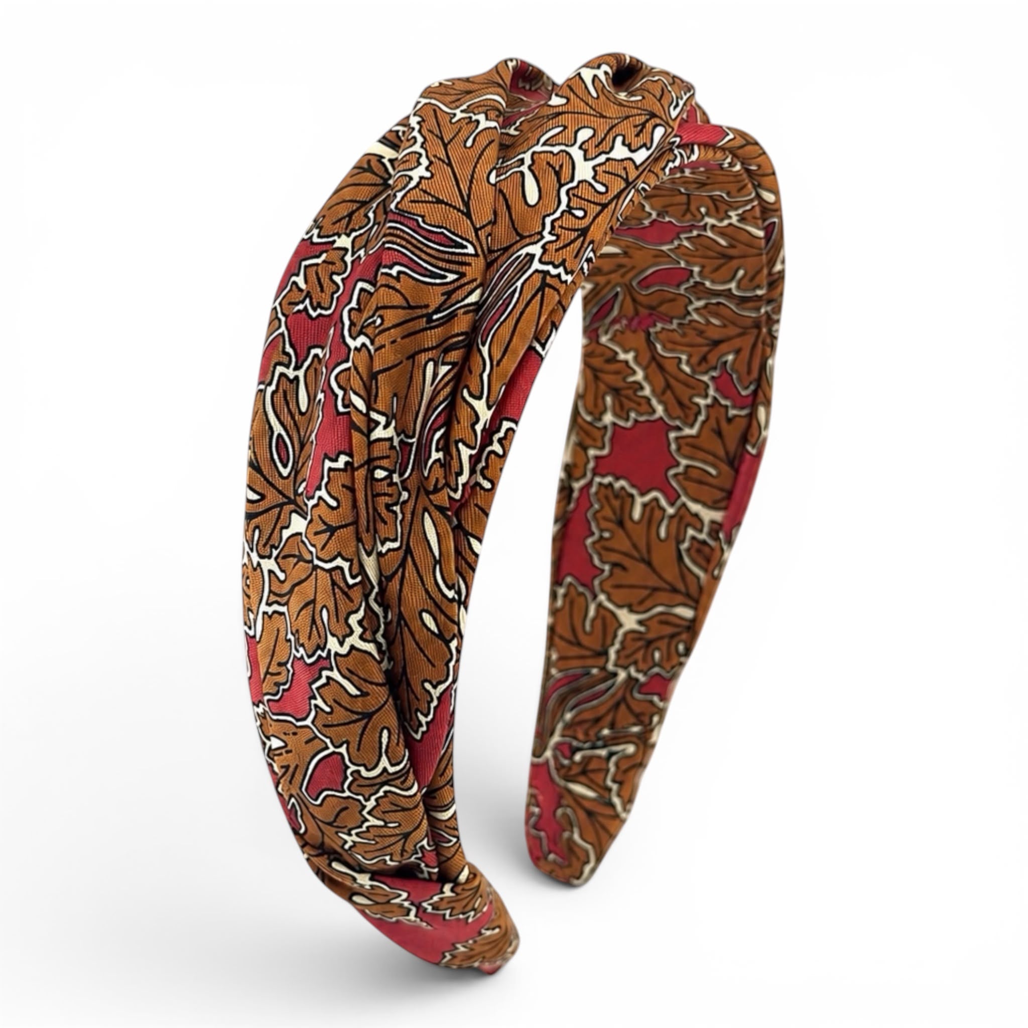 Hand-draped silk headband with oak leaf motif in amber and cinnamon, Maria Monica London