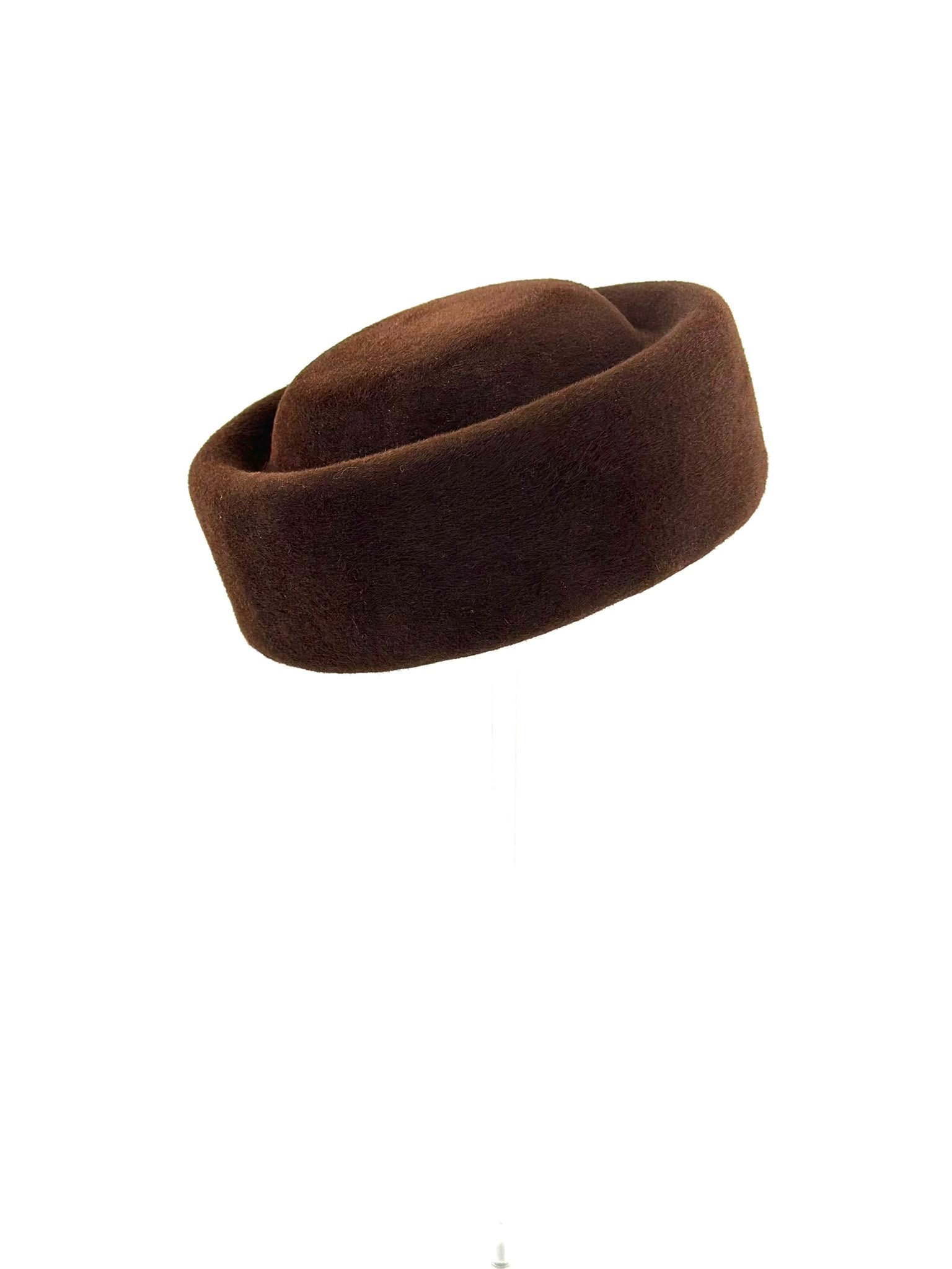 Espresso brown felt pillbox hat, side view, couture milliner London