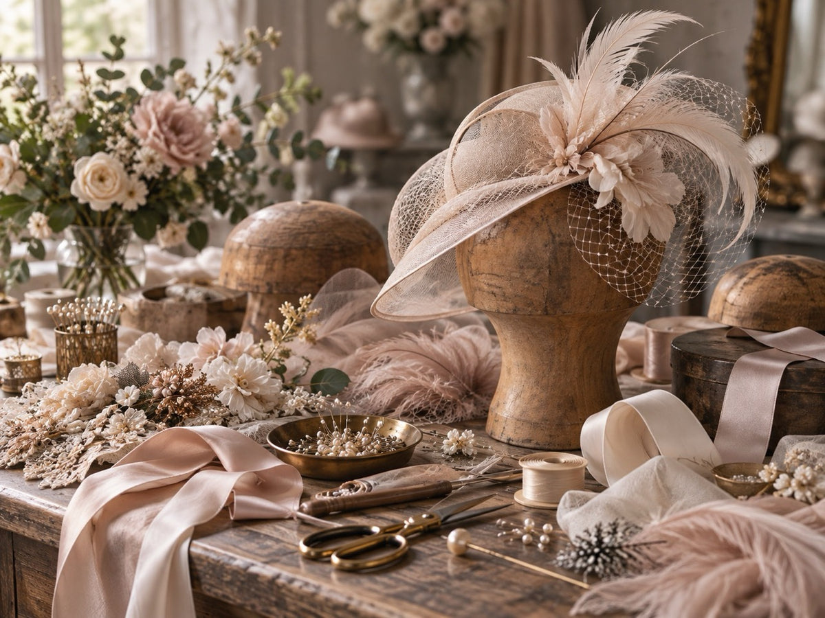 Millinery workbench with a blush feather and veiling headpiece on a wooden hat block, silk ribbon and trimmings, Maria Monica London