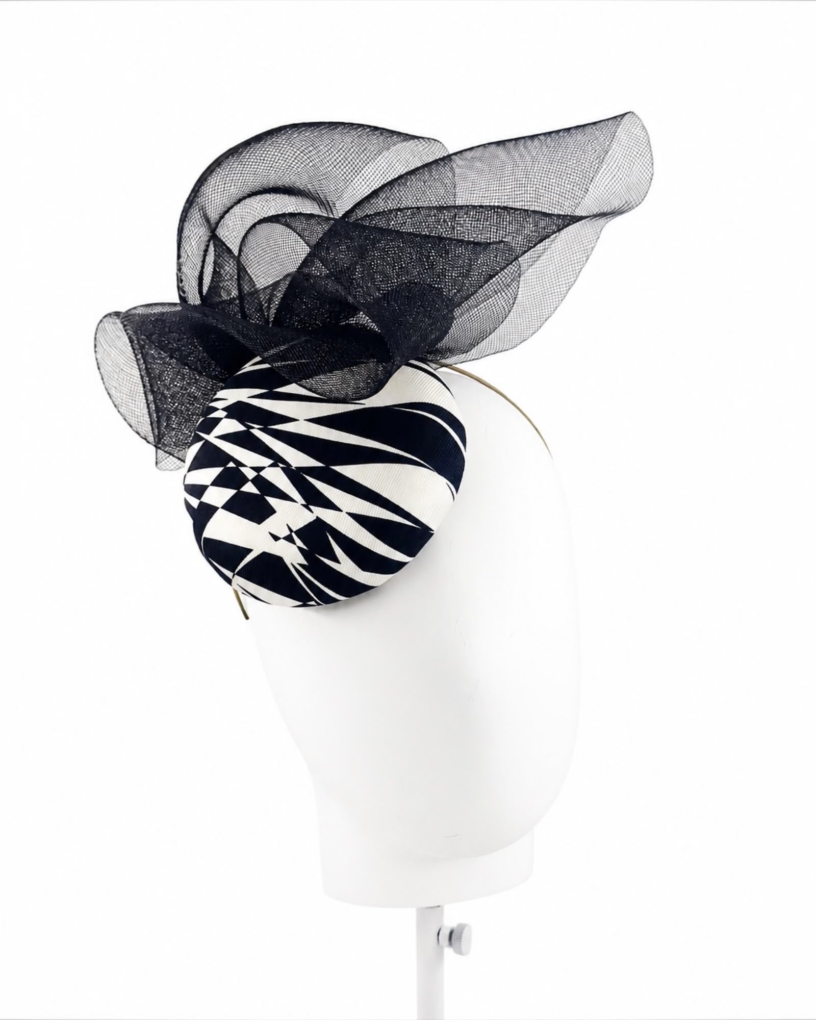 Cocktail hat in black and white printed silk with crinoline sweeps, set to the wearer's right, Maria Monica London