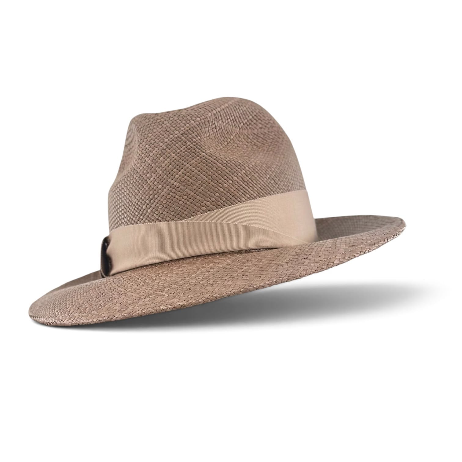 Soft cappuccino Panama trilby, side view showing the brim, Maria Monica London