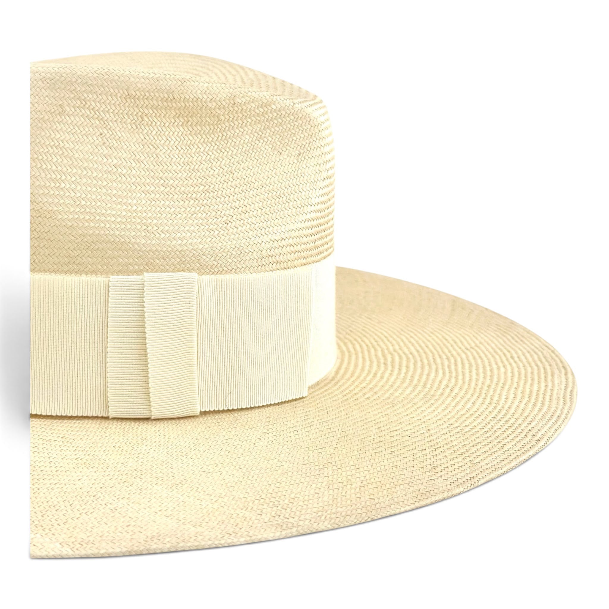 Fine parasisal straw weave and tonal grosgrain ribbon detail, Maria Monica London