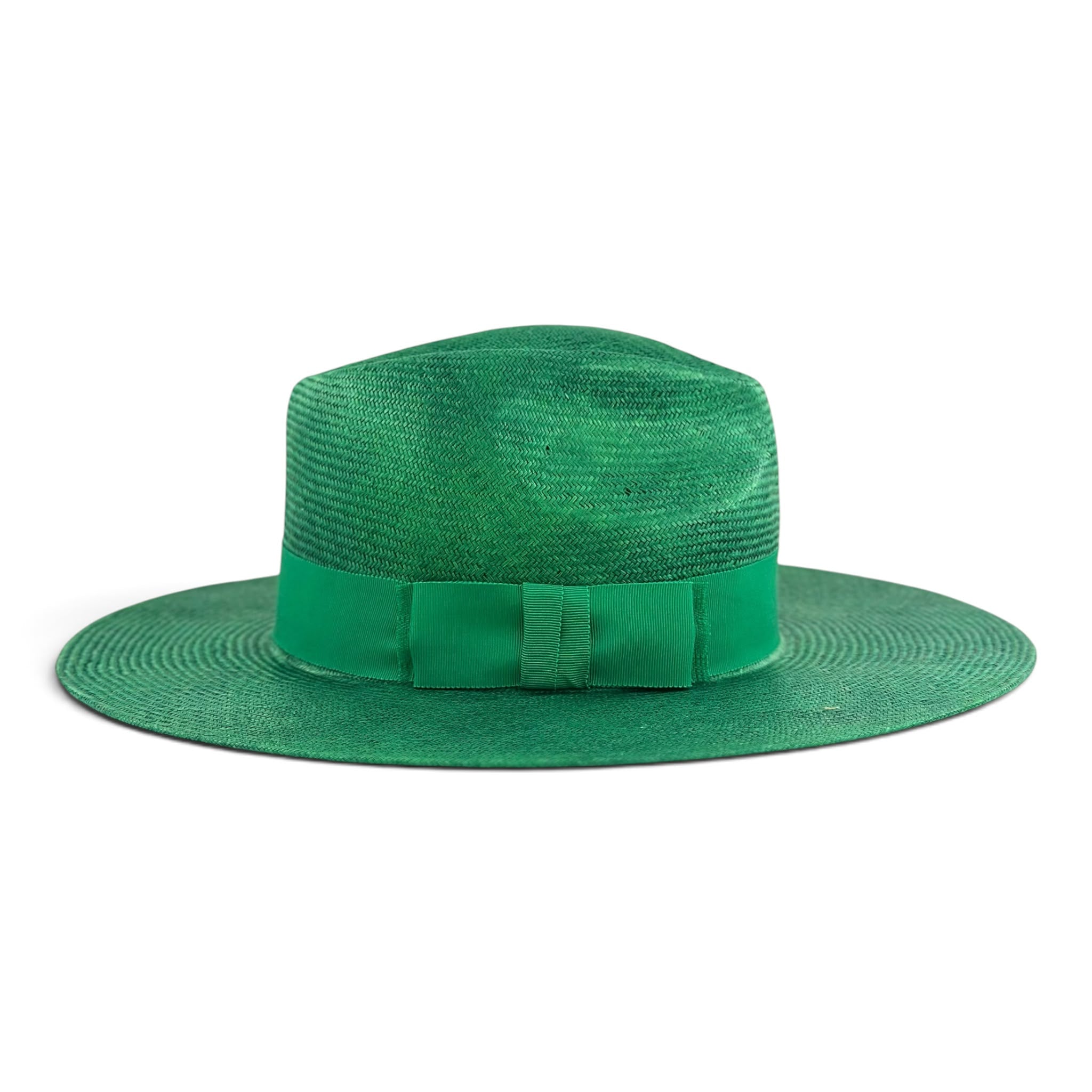 Emerald green parasisal fedora showing the sculptural grosgrain bow, Maria Monica London