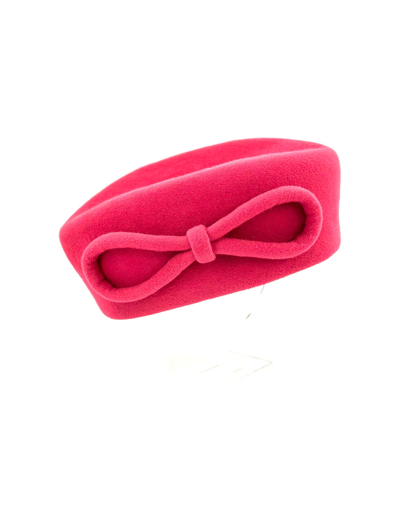 Pink sculptural bow pillbox hat, side view, Maria Monica London