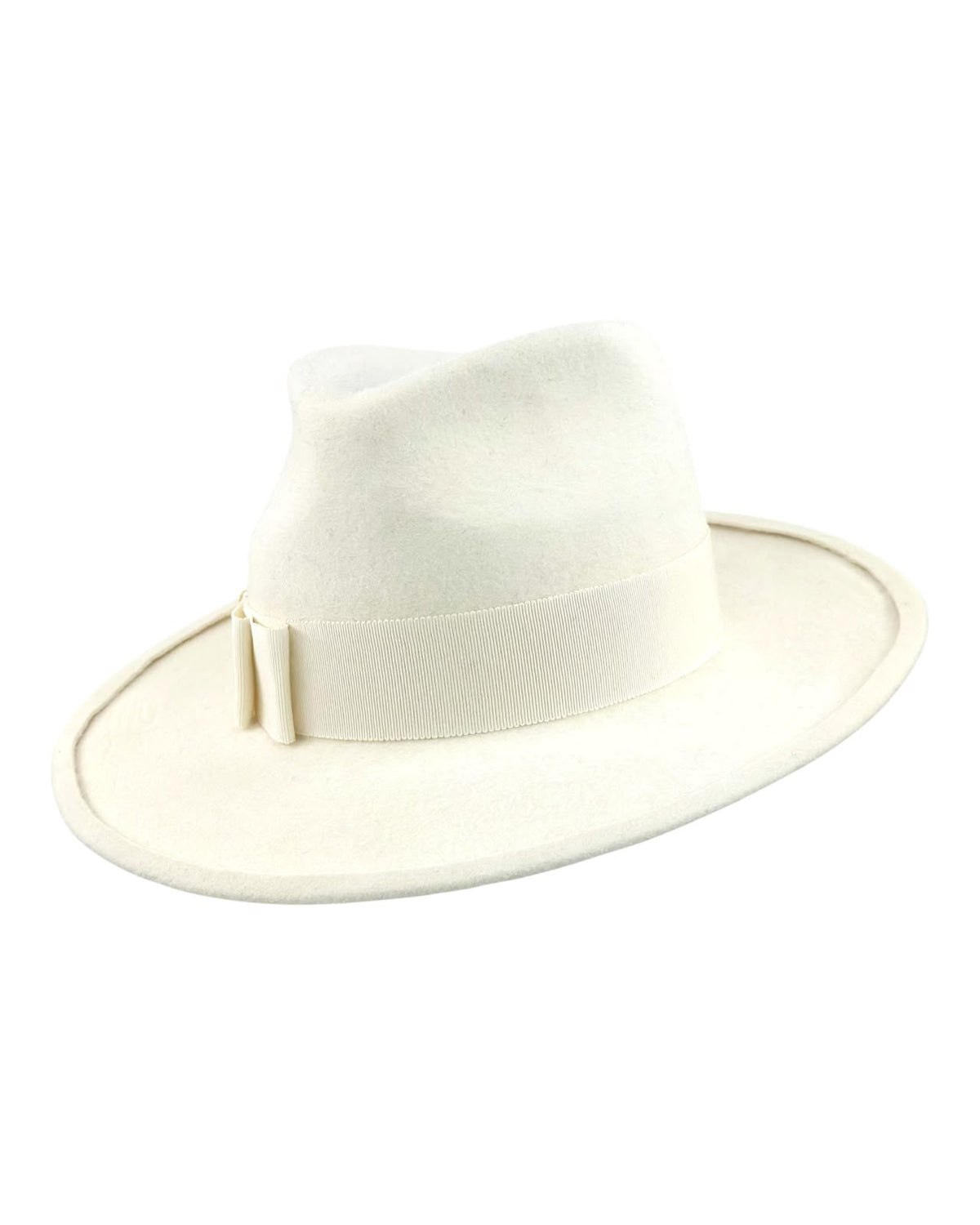 Porcelain cream felt fedora with a pinched crown and flat grosgrain bow, unisex, Maria Monica London