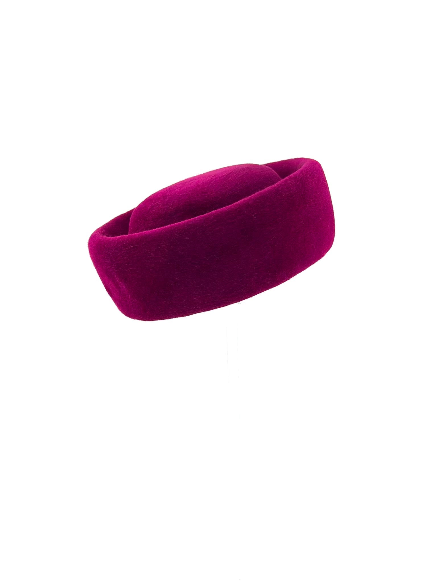 Rich berry felt pillbox hat, side view, couture milliner London